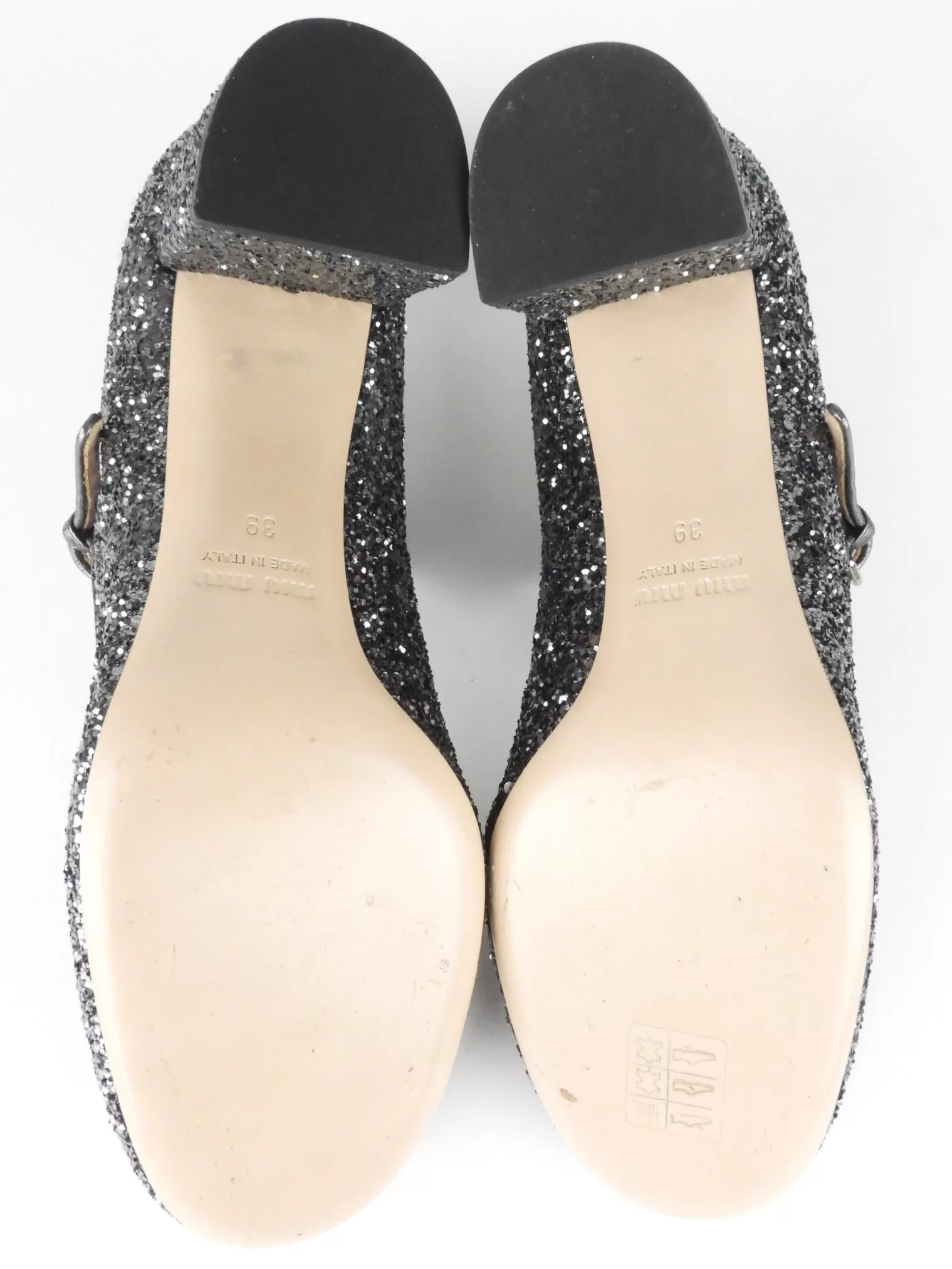 Miu Miu Gunmetal Glitter Leather Mary Jane Block Heel Shoes - 39