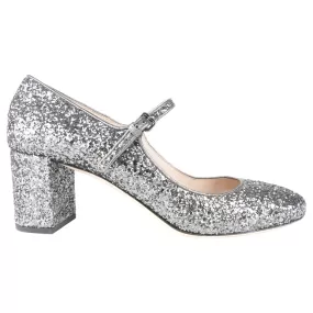 Miu Miu Gunmetal Glitter Leather Mary Jane Block Heel Shoes - 39