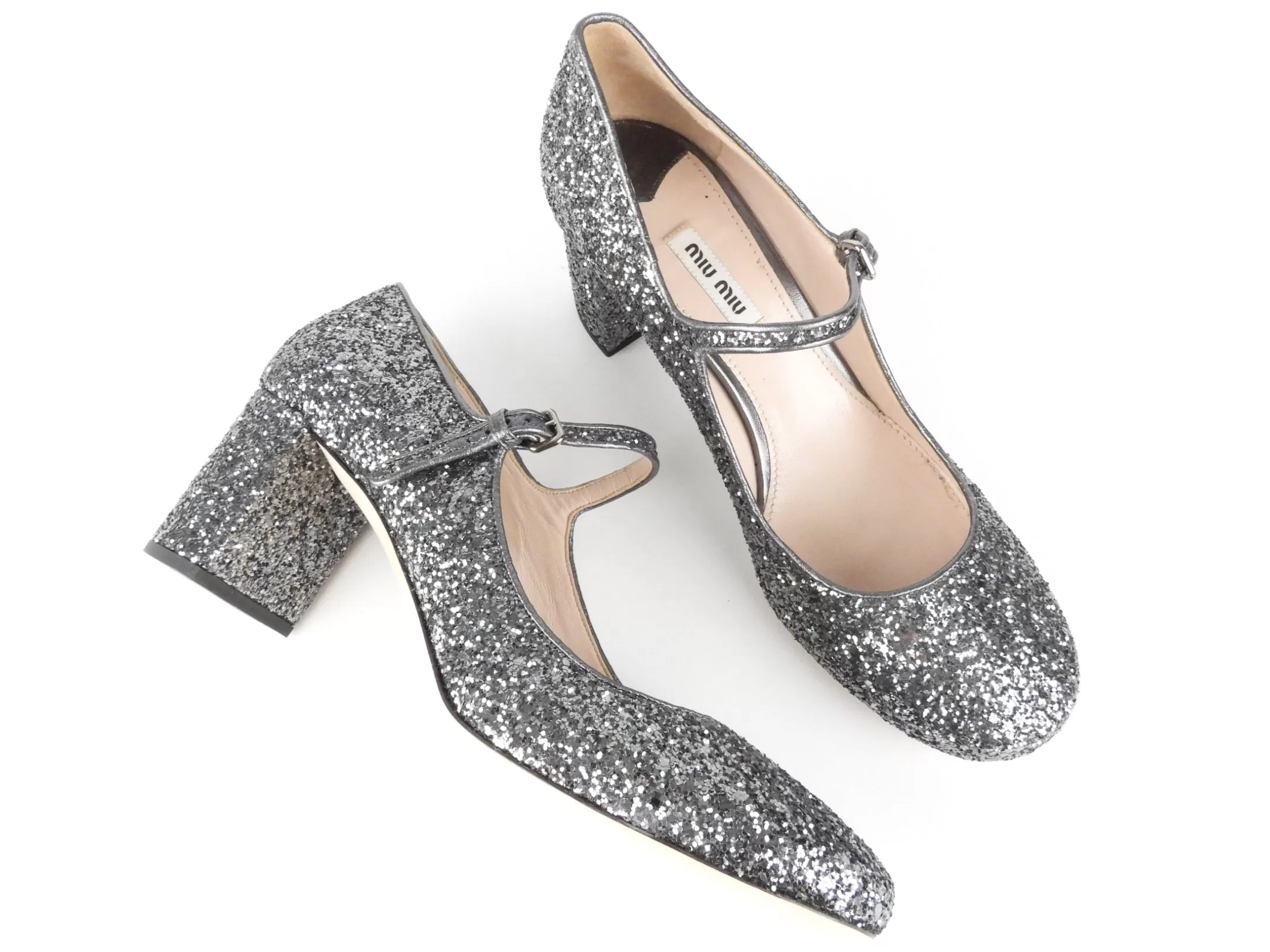 Miu Miu Gunmetal Glitter Leather Mary Jane Block Heel Shoes - 39