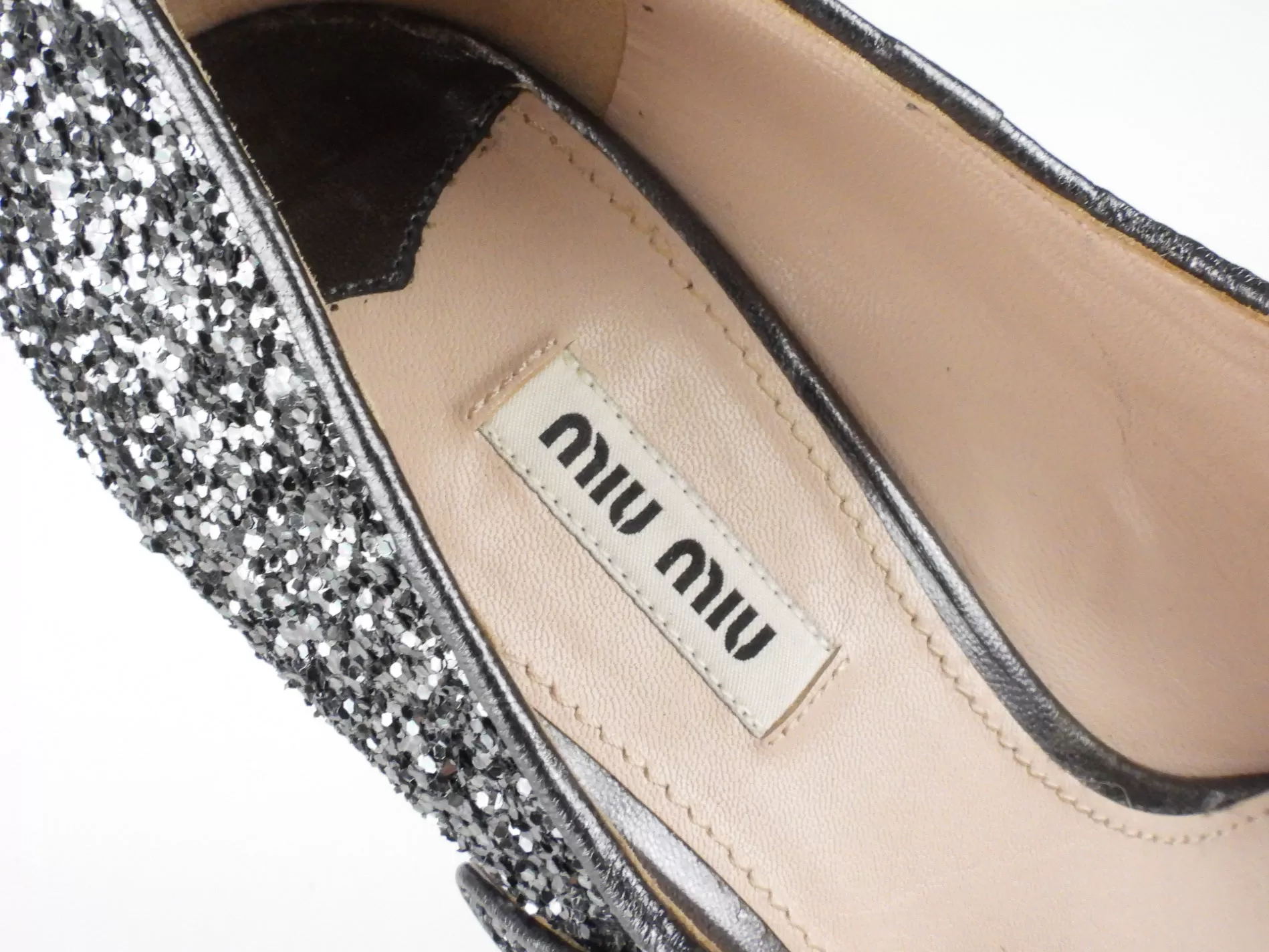 Miu Miu Gunmetal Glitter Leather Mary Jane Block Heel Shoes - 39