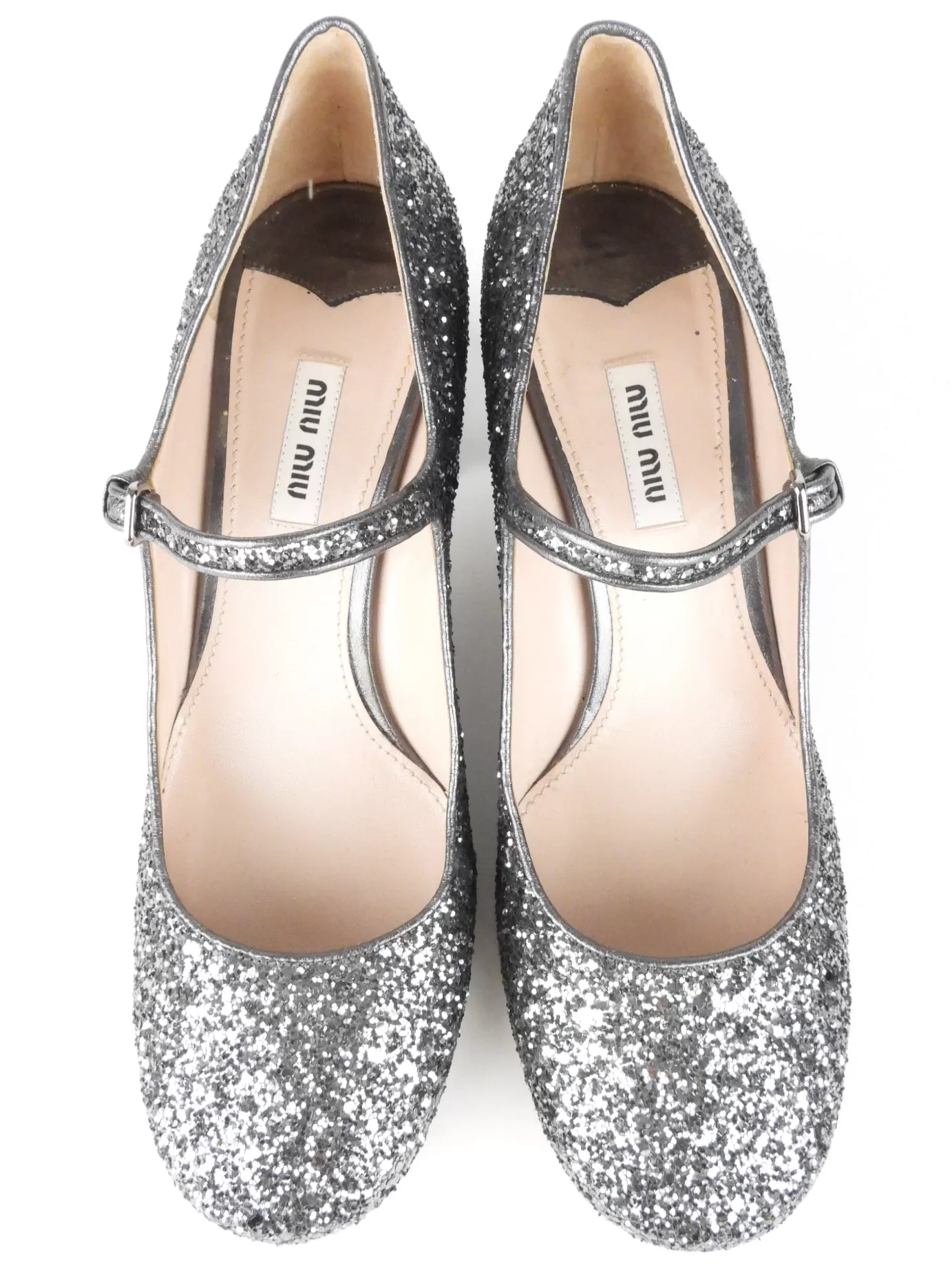 Miu Miu Gunmetal Glitter Leather Mary Jane Block Heel Shoes - 39