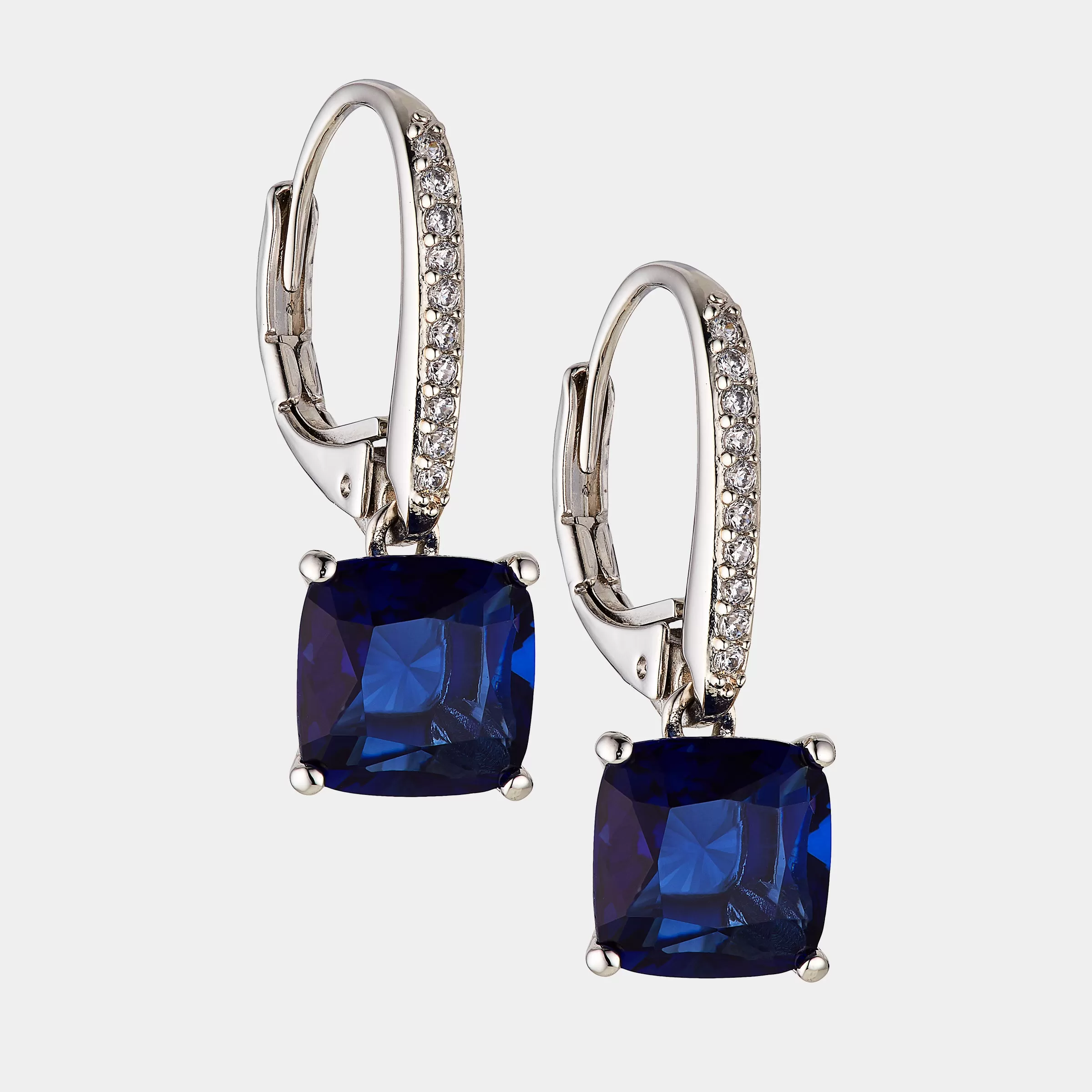 MODERN LOVE CUSHION CUT FAUX SAPPHIRE DROP EARRINGS