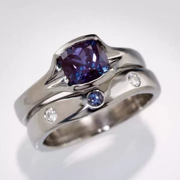 Moissanite and Alexandrite Fitted Contoured Wedding Ring Shadow Band