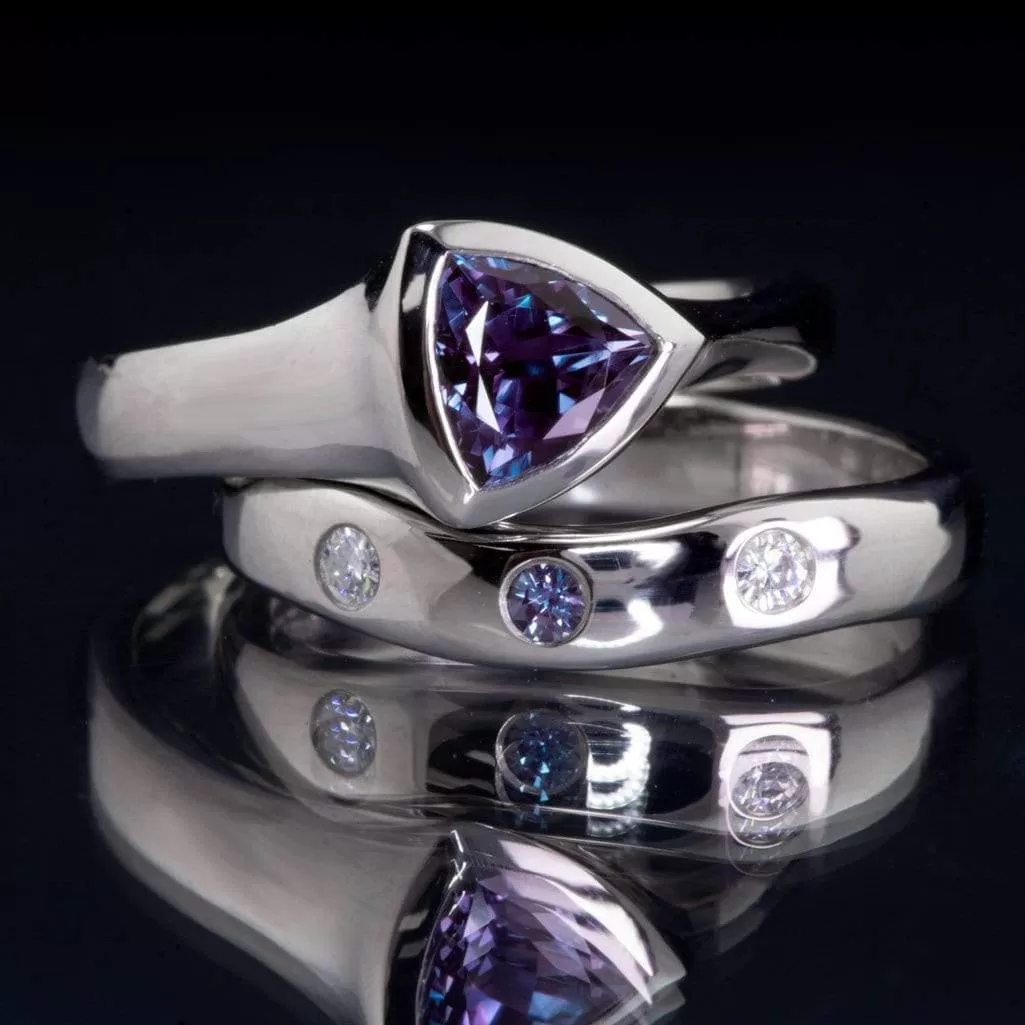 Moissanite and Alexandrite Fitted Contoured Wedding Ring Shadow Band