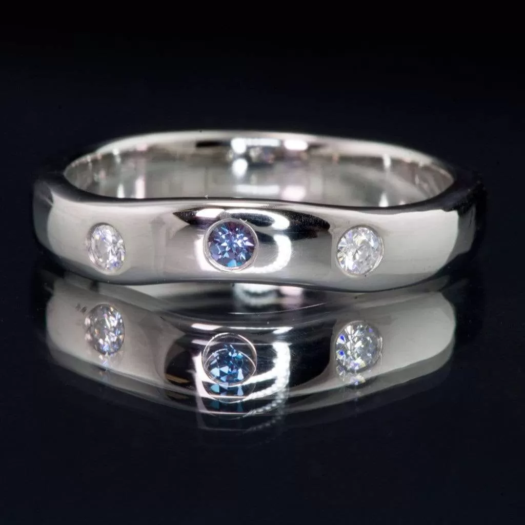 Moissanite and Alexandrite Fitted Contoured Wedding Ring Shadow Band