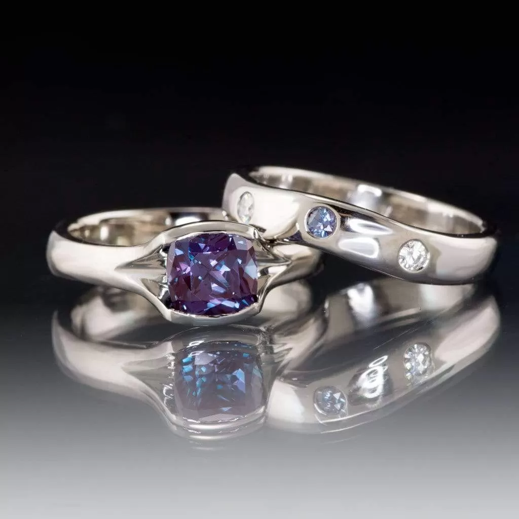 Moissanite and Alexandrite Fitted Contoured Wedding Ring Shadow Band