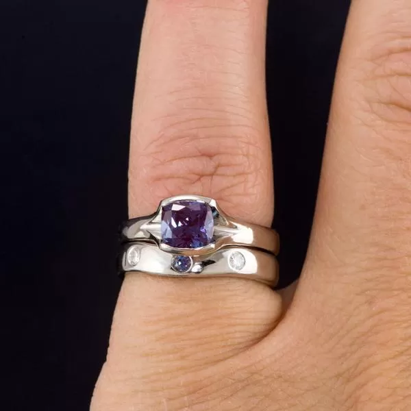 Moissanite and Alexandrite Fitted Contoured Wedding Ring Shadow Band