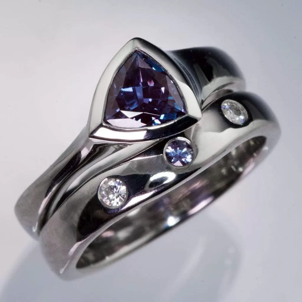 Moissanite and Alexandrite Fitted Contoured Wedding Ring Shadow Band