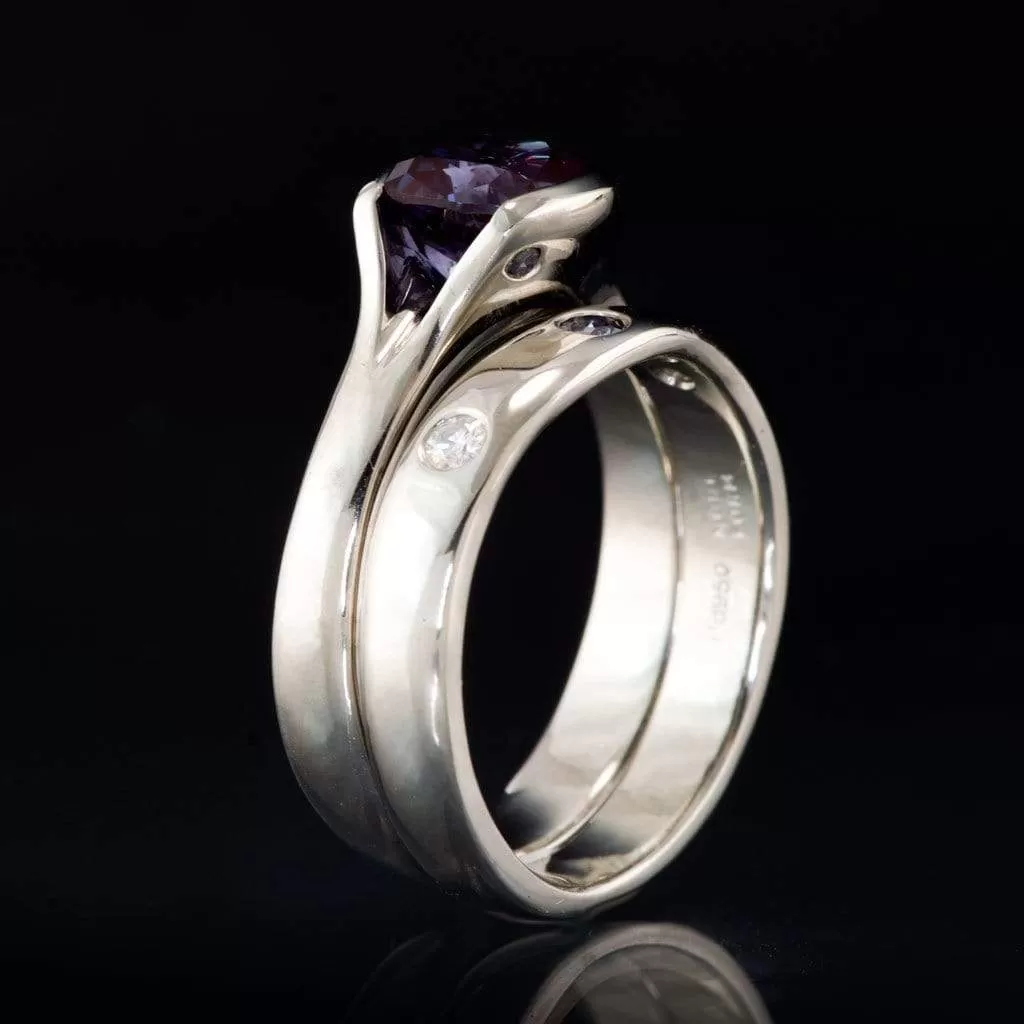 Moissanite and Alexandrite Fitted Contoured Wedding Ring Shadow Band