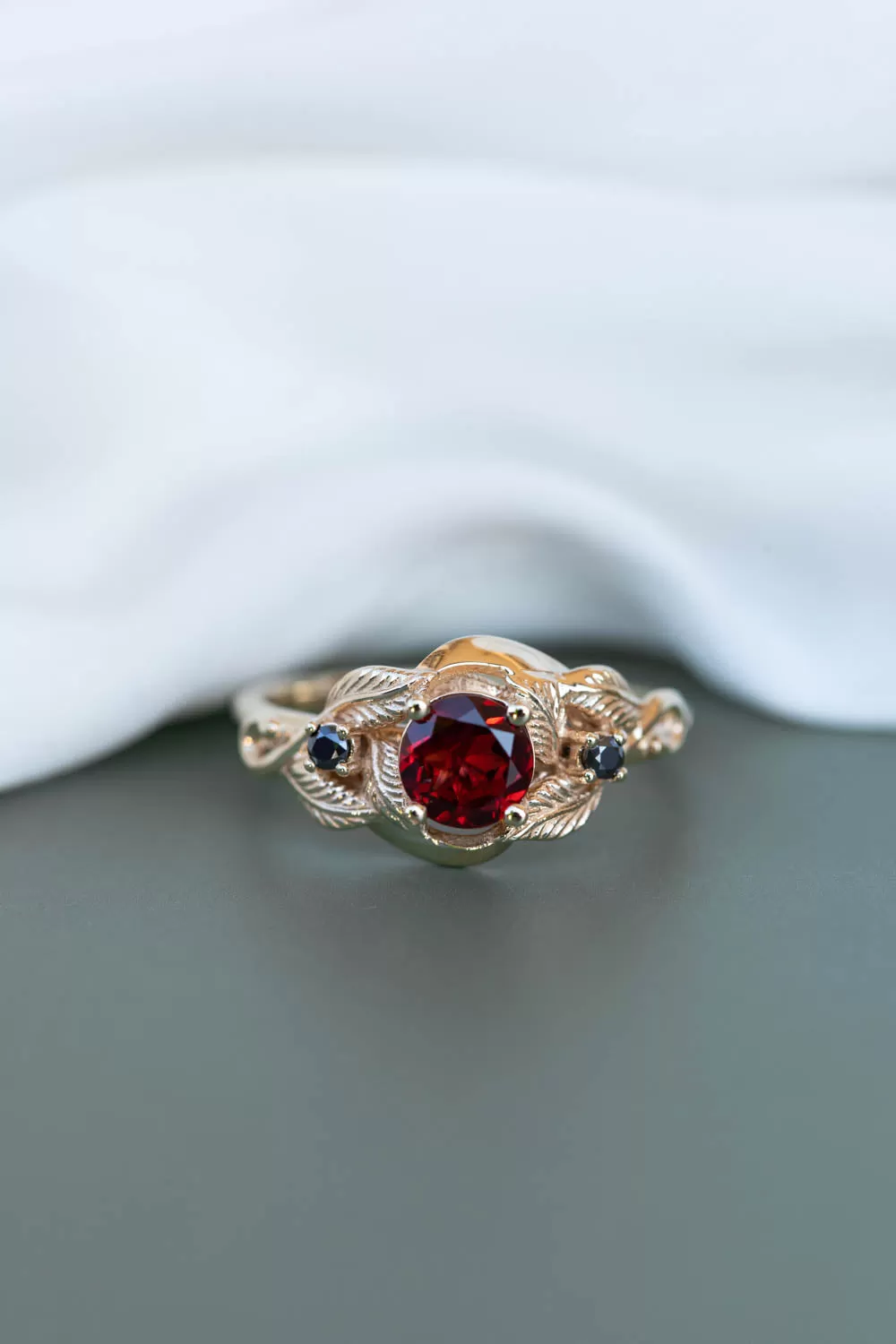 Natural garnet and black moissanites engagement ring, gold leaf proposal ring  / Azalea