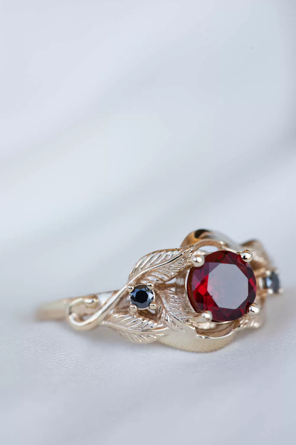 Natural garnet and black moissanites engagement ring, gold leaf proposal ring  / Azalea