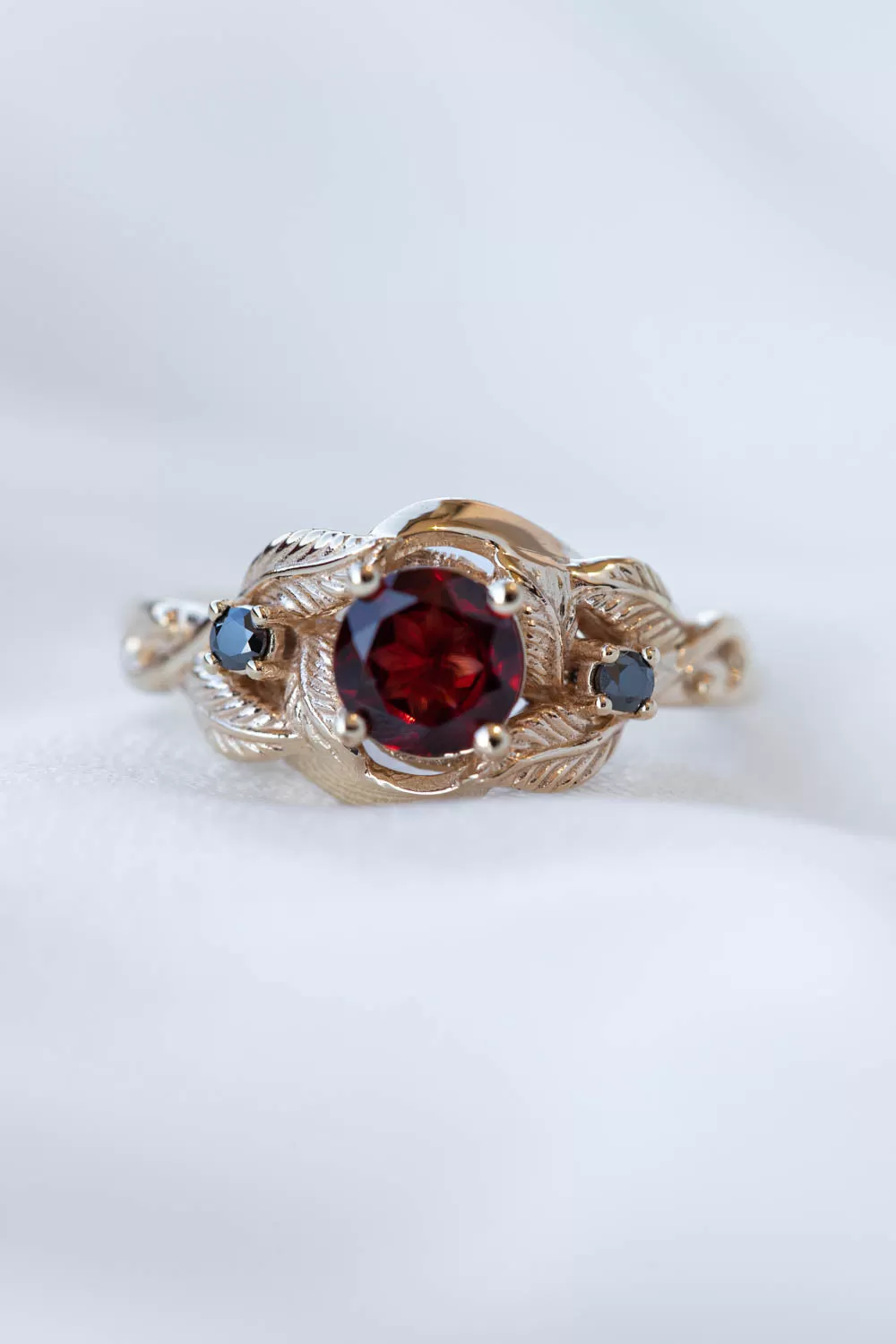 Natural garnet and black moissanites engagement ring, gold leaf proposal ring  / Azalea