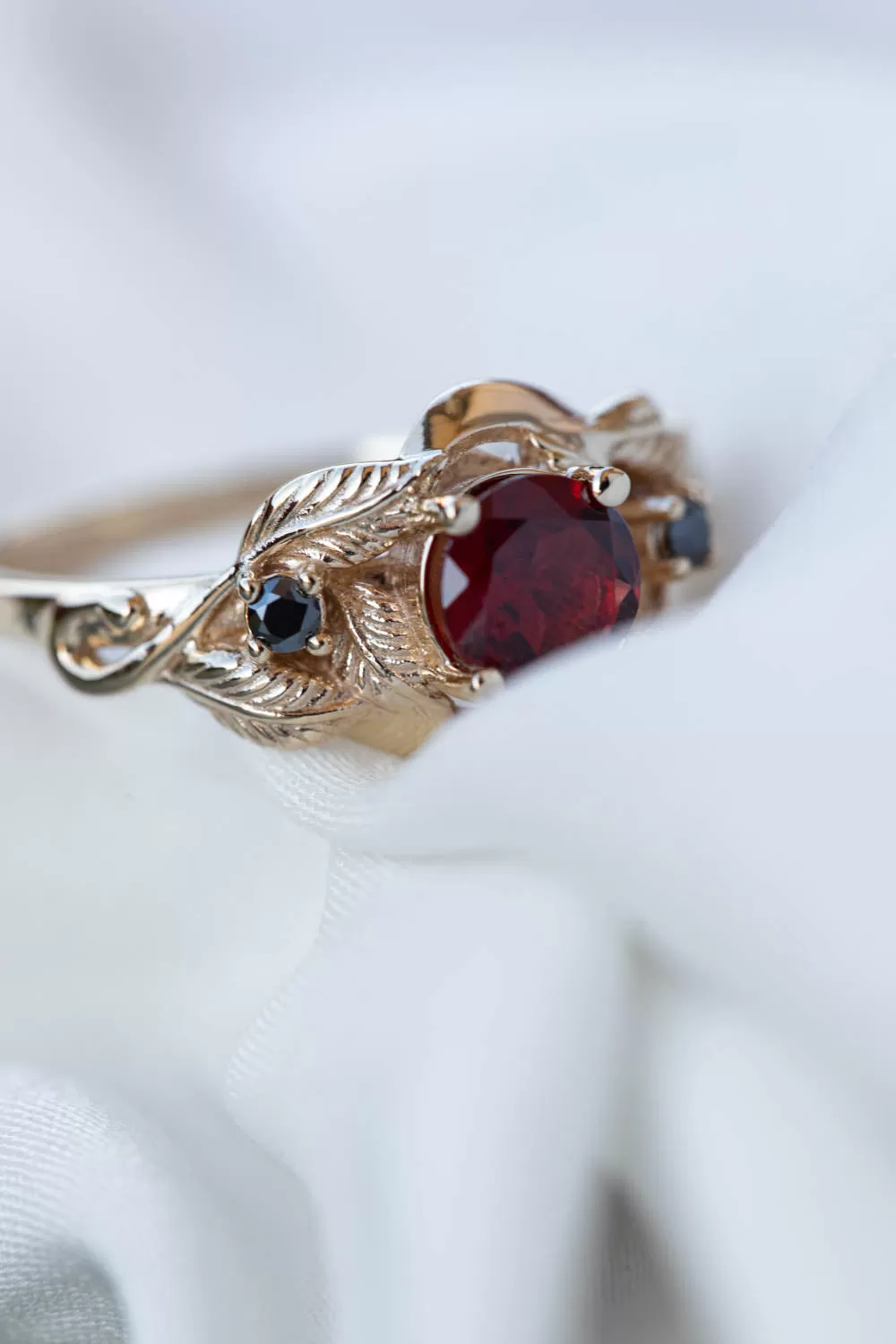 Natural garnet and black moissanites engagement ring, gold leaf proposal ring  / Azalea