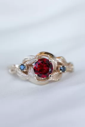 Natural garnet and black moissanites engagement ring, gold leaf proposal ring  / Azalea