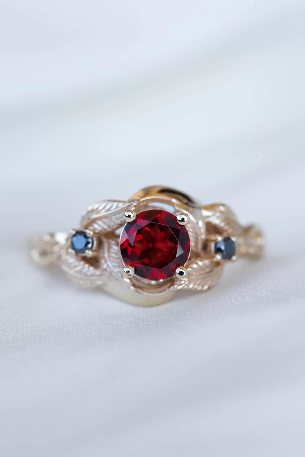 Natural garnet and black moissanites engagement ring, gold leaf proposal ring  / Azalea