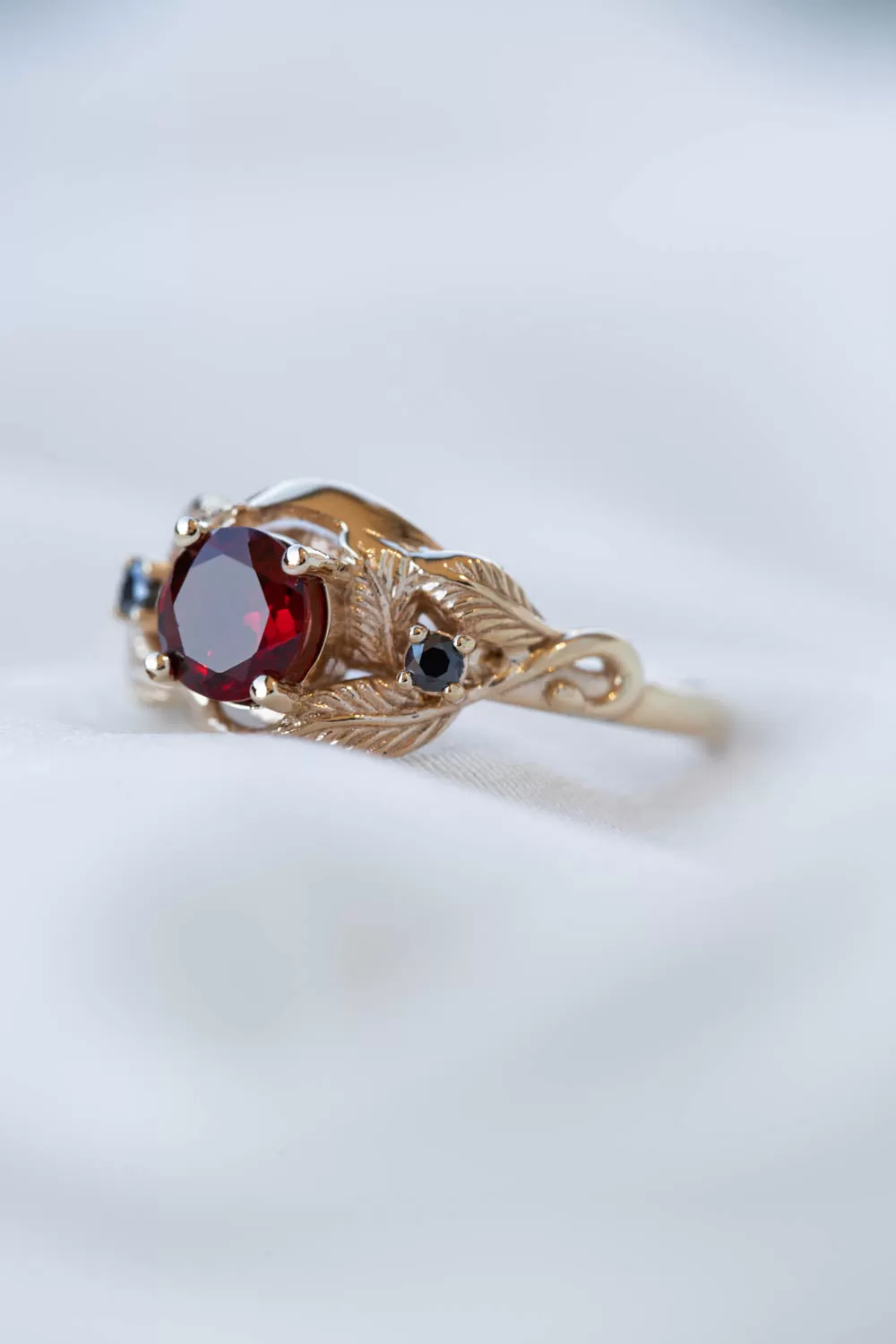 Natural garnet and black moissanites engagement ring, gold leaf proposal ring  / Azalea