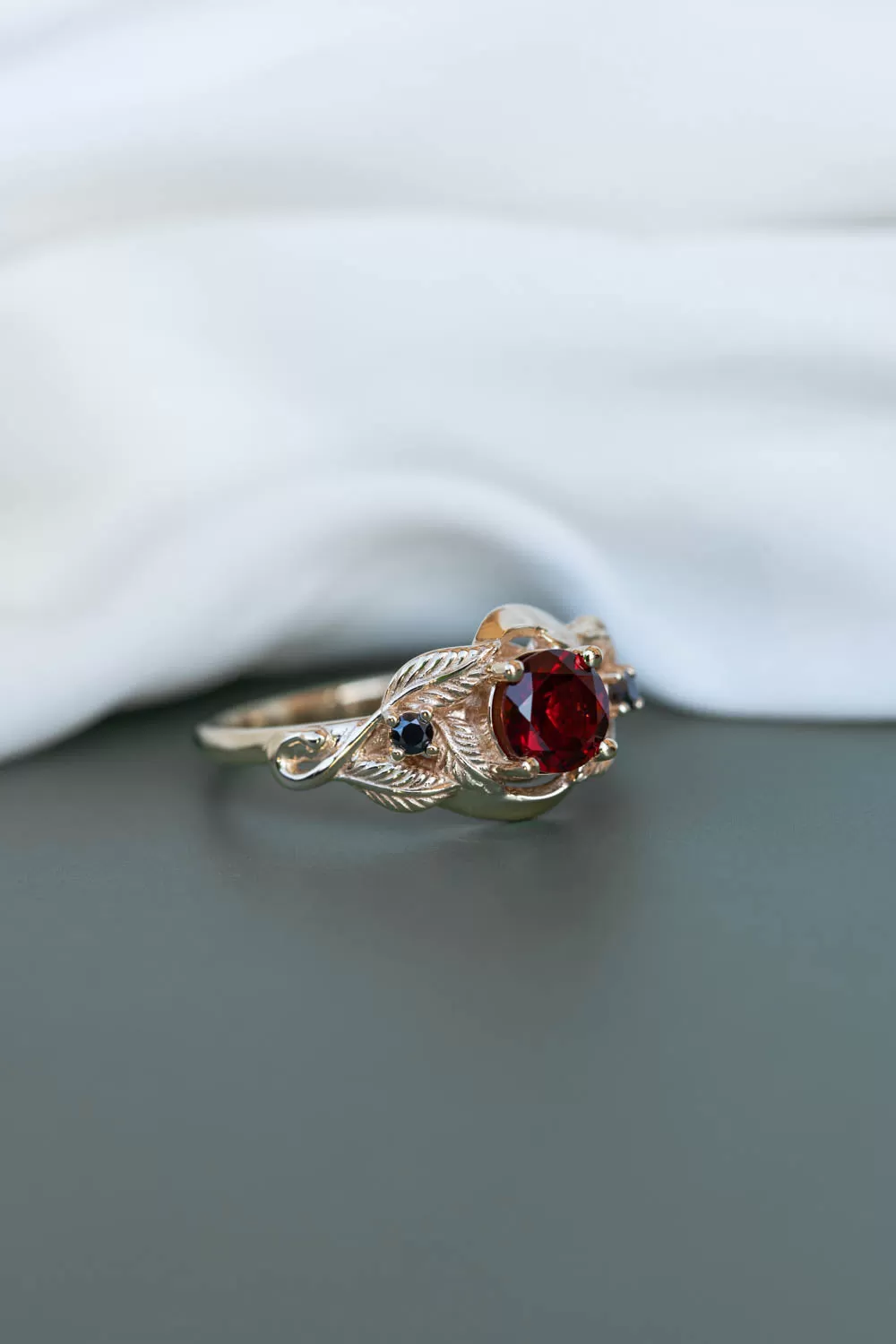 Natural garnet and black moissanites engagement ring, gold leaf proposal ring  / Azalea