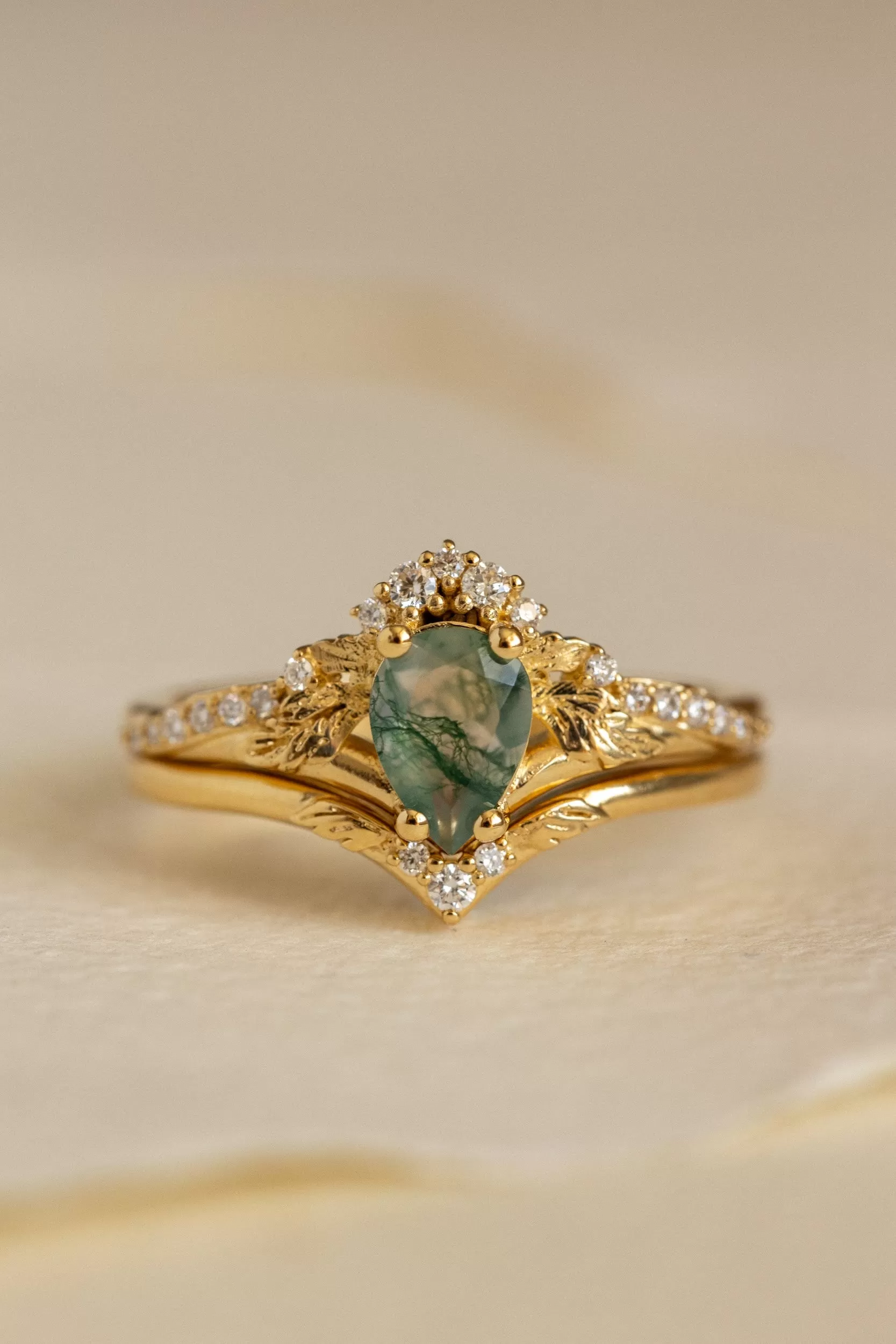 Natural green moss agate bridal ring set / Amelia