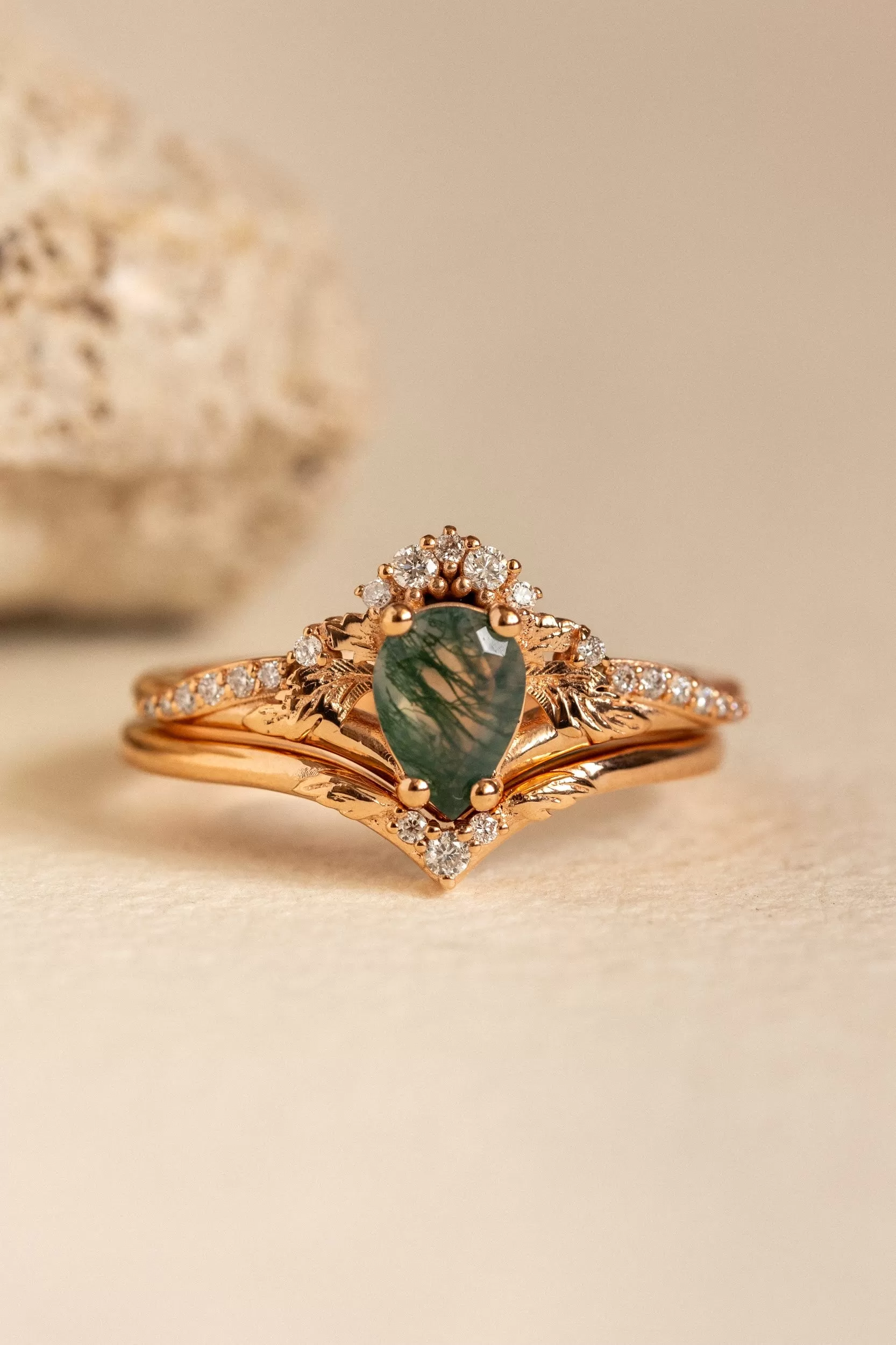 Natural green moss agate bridal ring set / Amelia