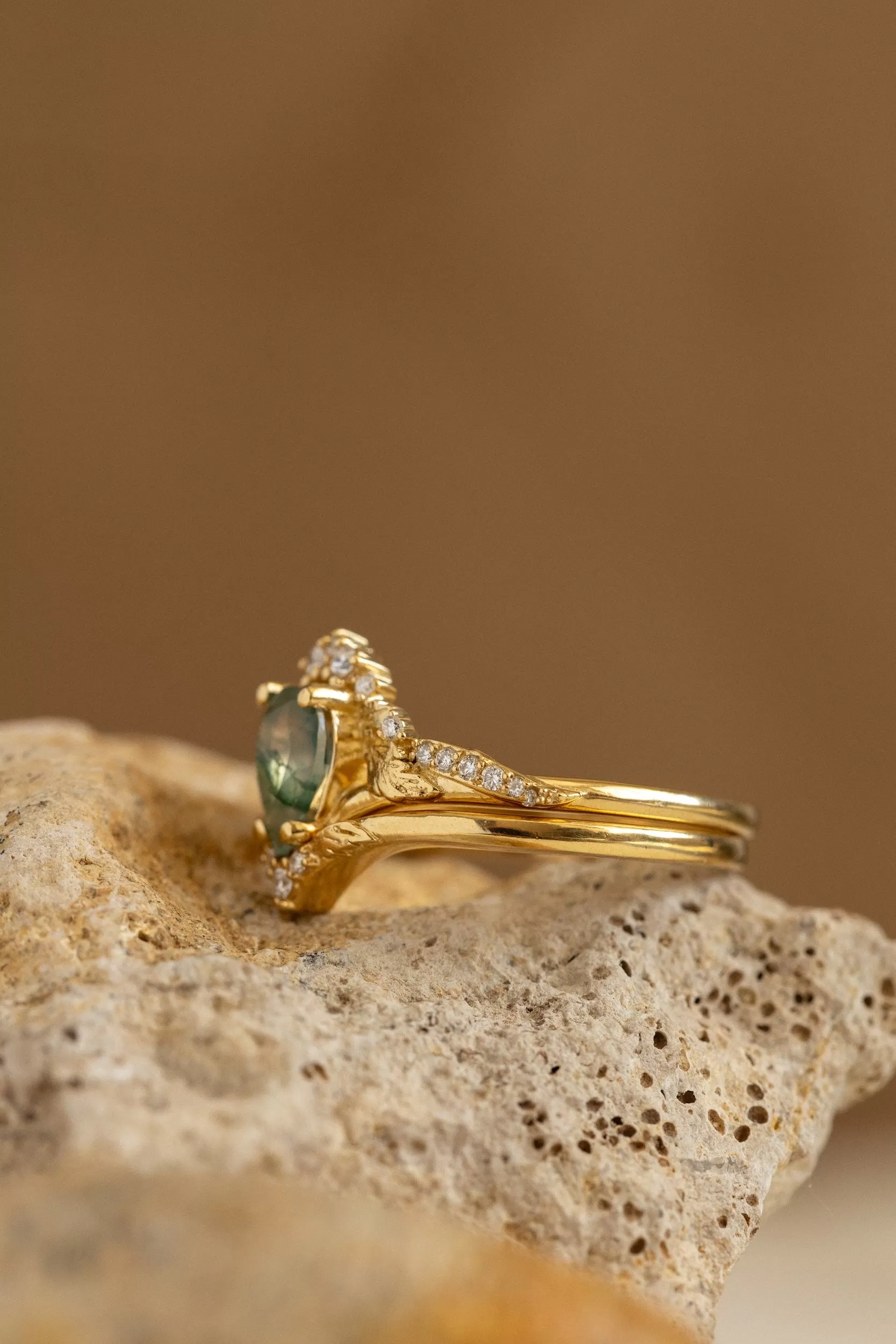 Natural green moss agate bridal ring set / Amelia