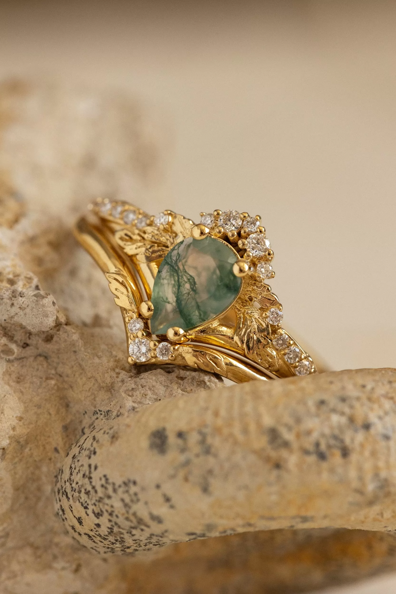 Natural green moss agate bridal ring set / Amelia