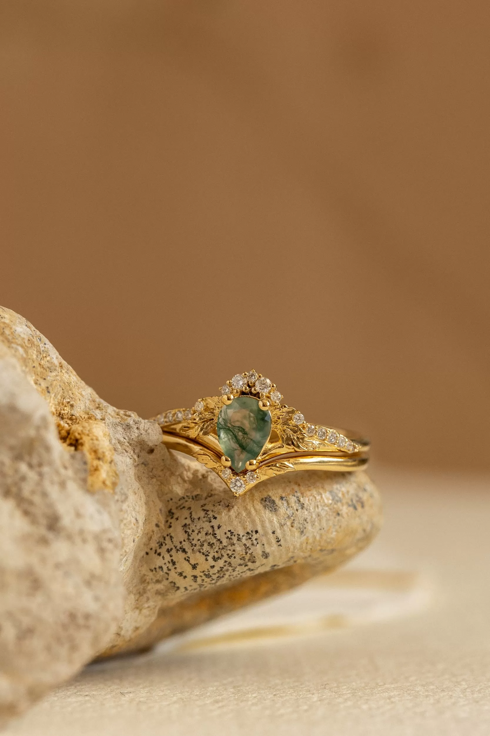 Natural green moss agate bridal ring set / Amelia