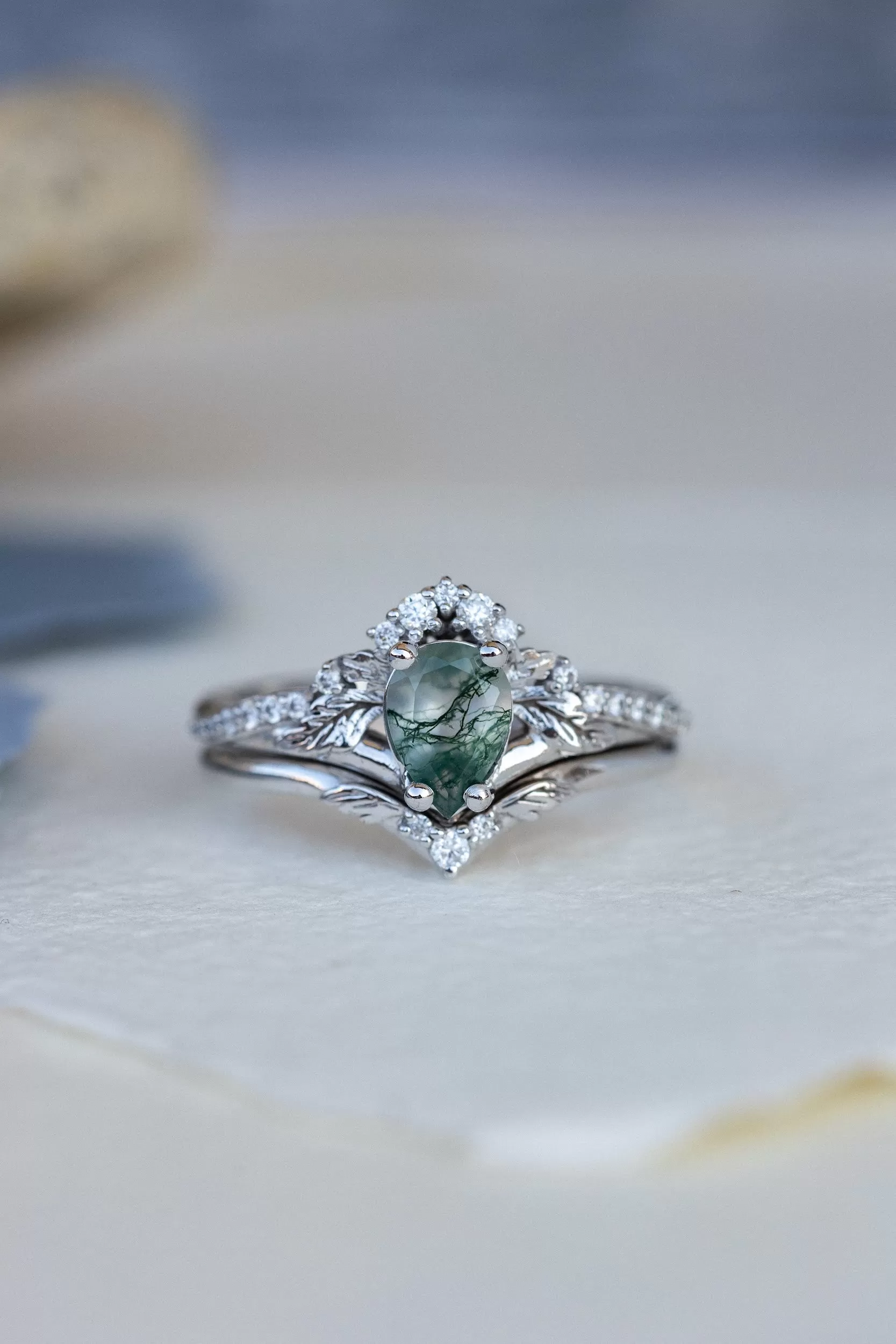 Natural green moss agate bridal ring set / Amelia