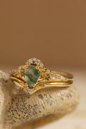 Natural green moss agate bridal ring set / Amelia