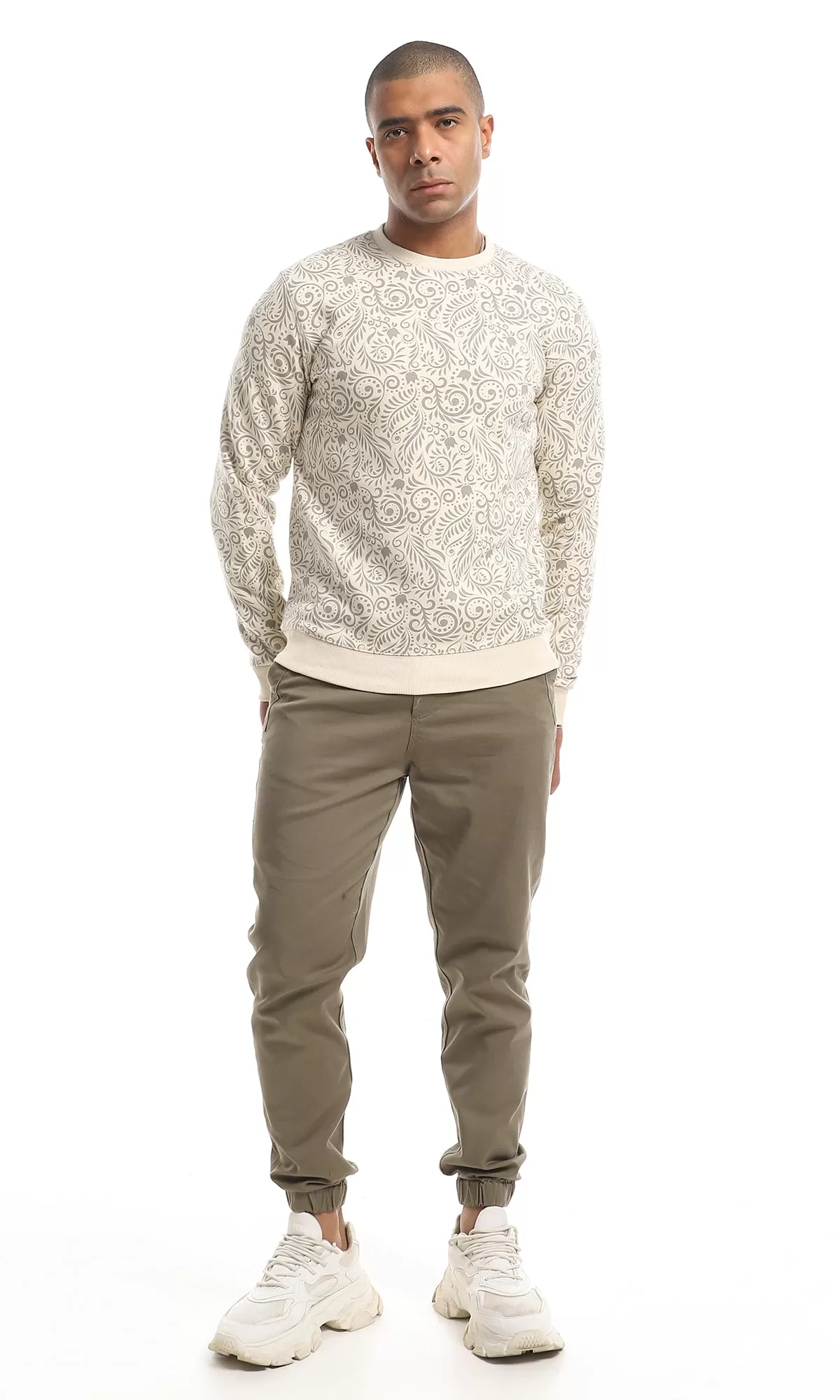 O151530 Lotus Flower & Leaves Slip On Sweatshirt - Beige & Grey