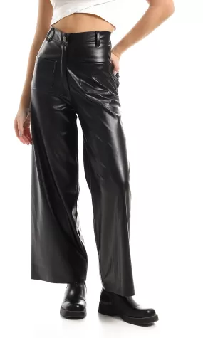 O157157 Black Straight Fit Leather Pants With Pockets