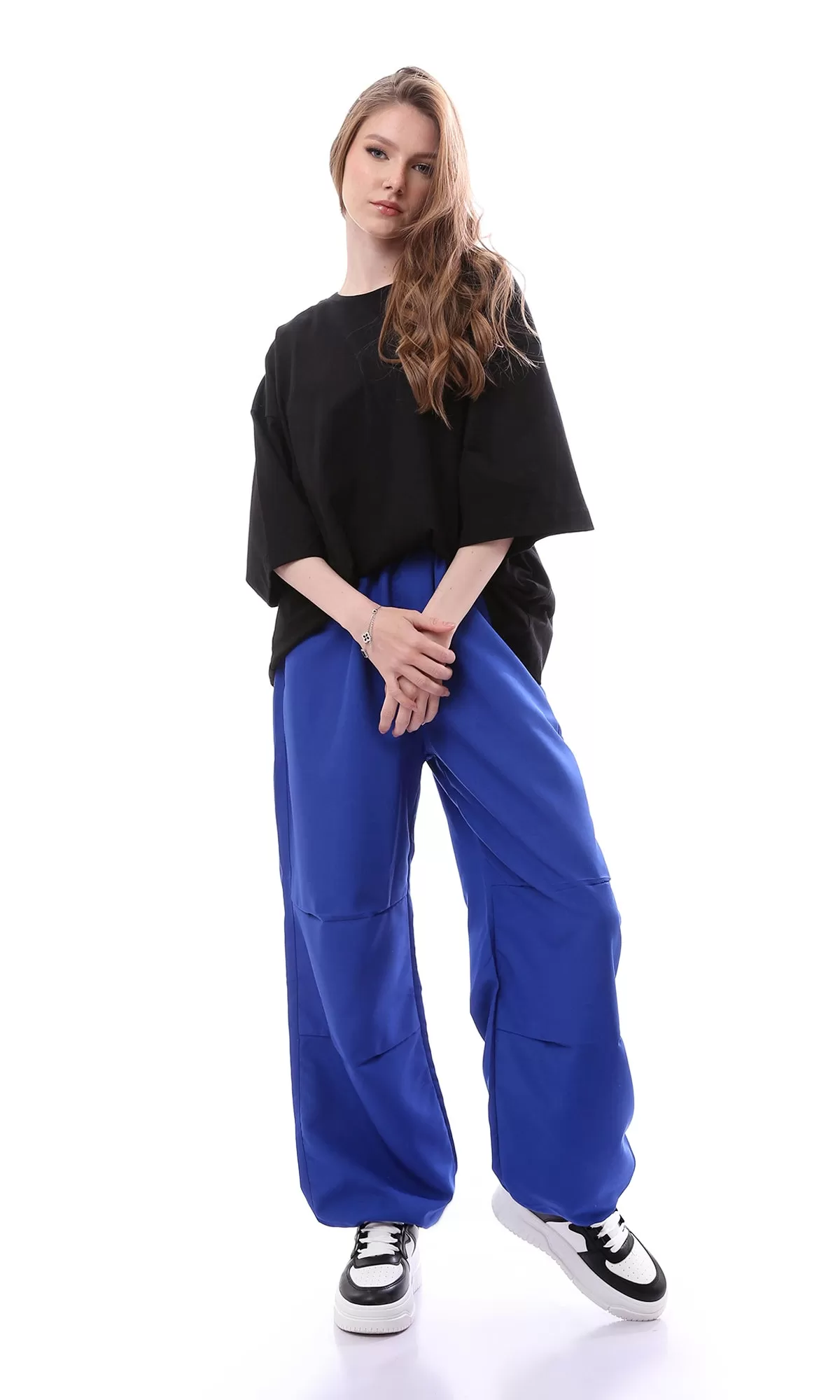 O168052 Trendy Royal Blue Loose Fit Parachute Pants With Elastic Waist & Hem