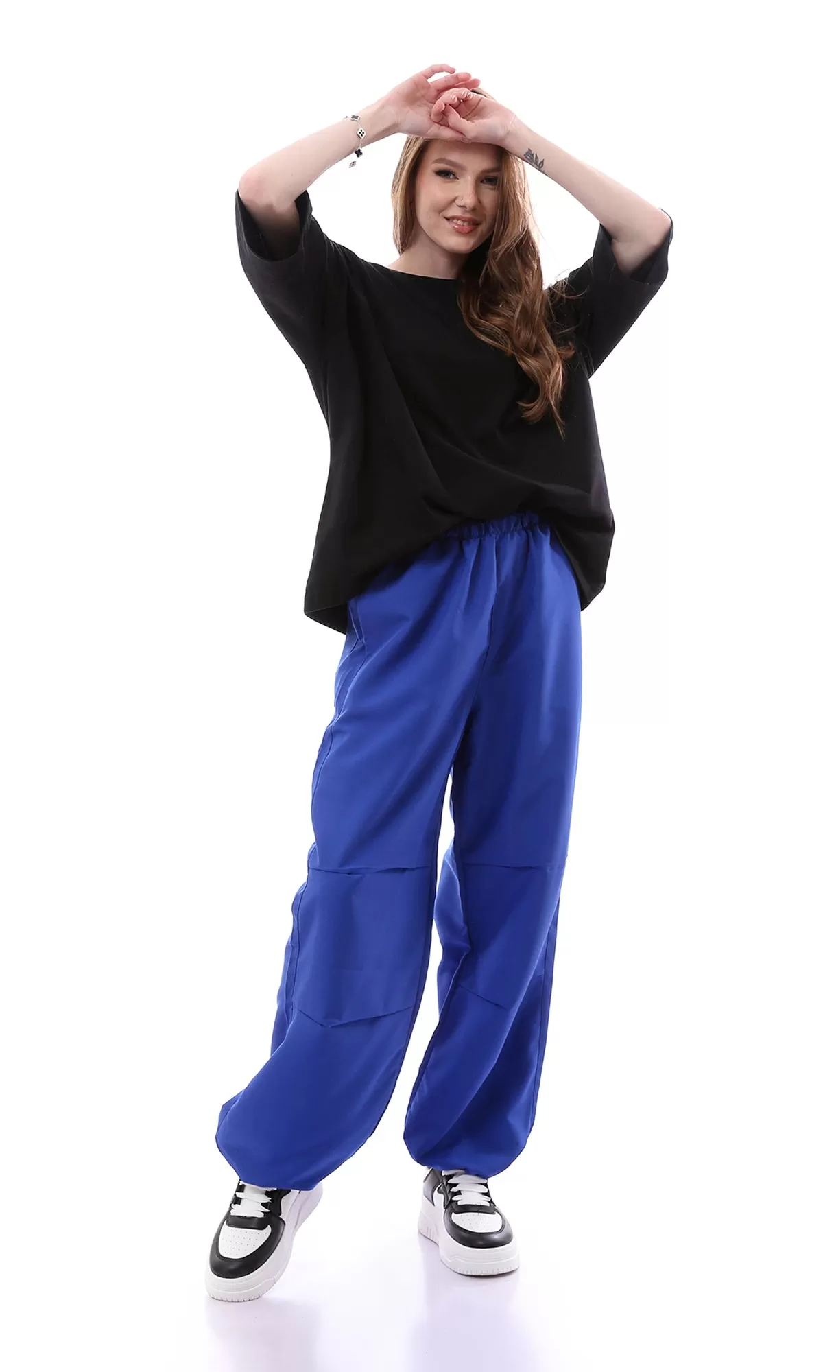 O168052 Trendy Royal Blue Loose Fit Parachute Pants With Elastic Waist & Hem