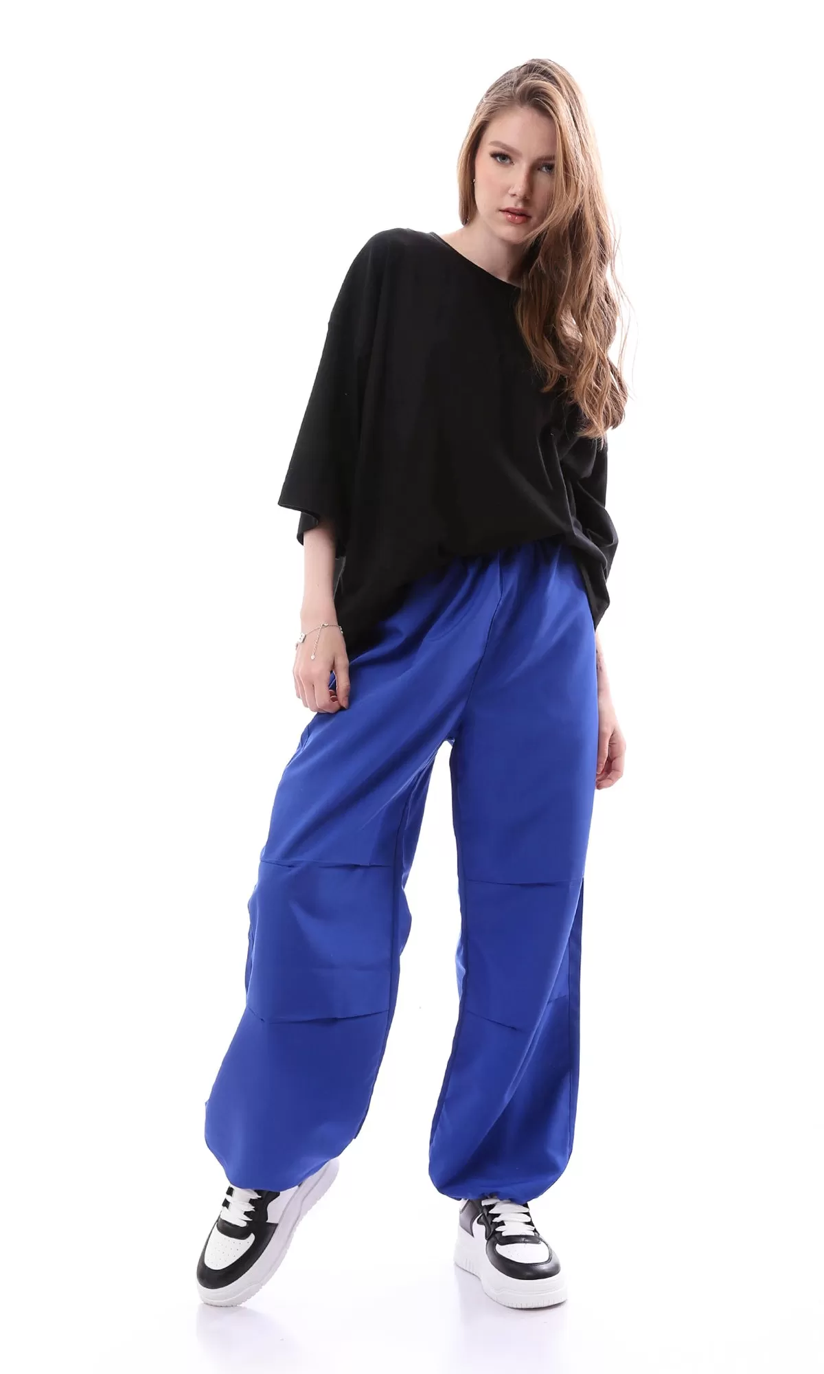 O168052 Trendy Royal Blue Loose Fit Parachute Pants With Elastic Waist & Hem