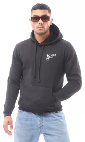 O173696 Front Simple Print Black Hoodie With Inner Fleece