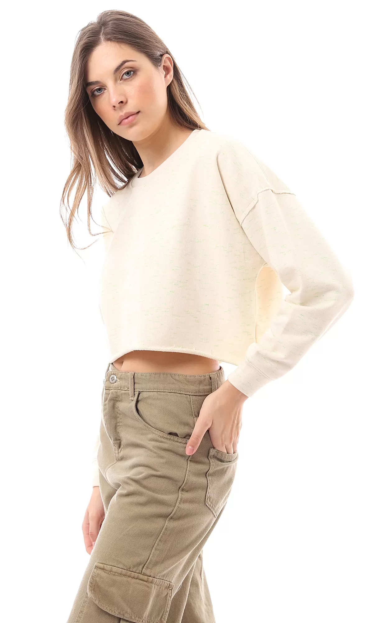 O174768 Heather Lime Beige Cotton Cropped Sweatshirt