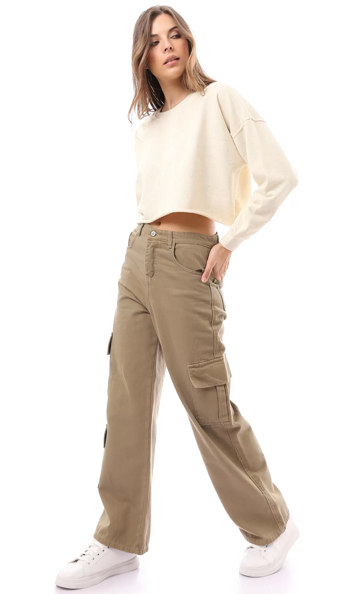 O174768 Heather Lime Beige Cotton Cropped Sweatshirt