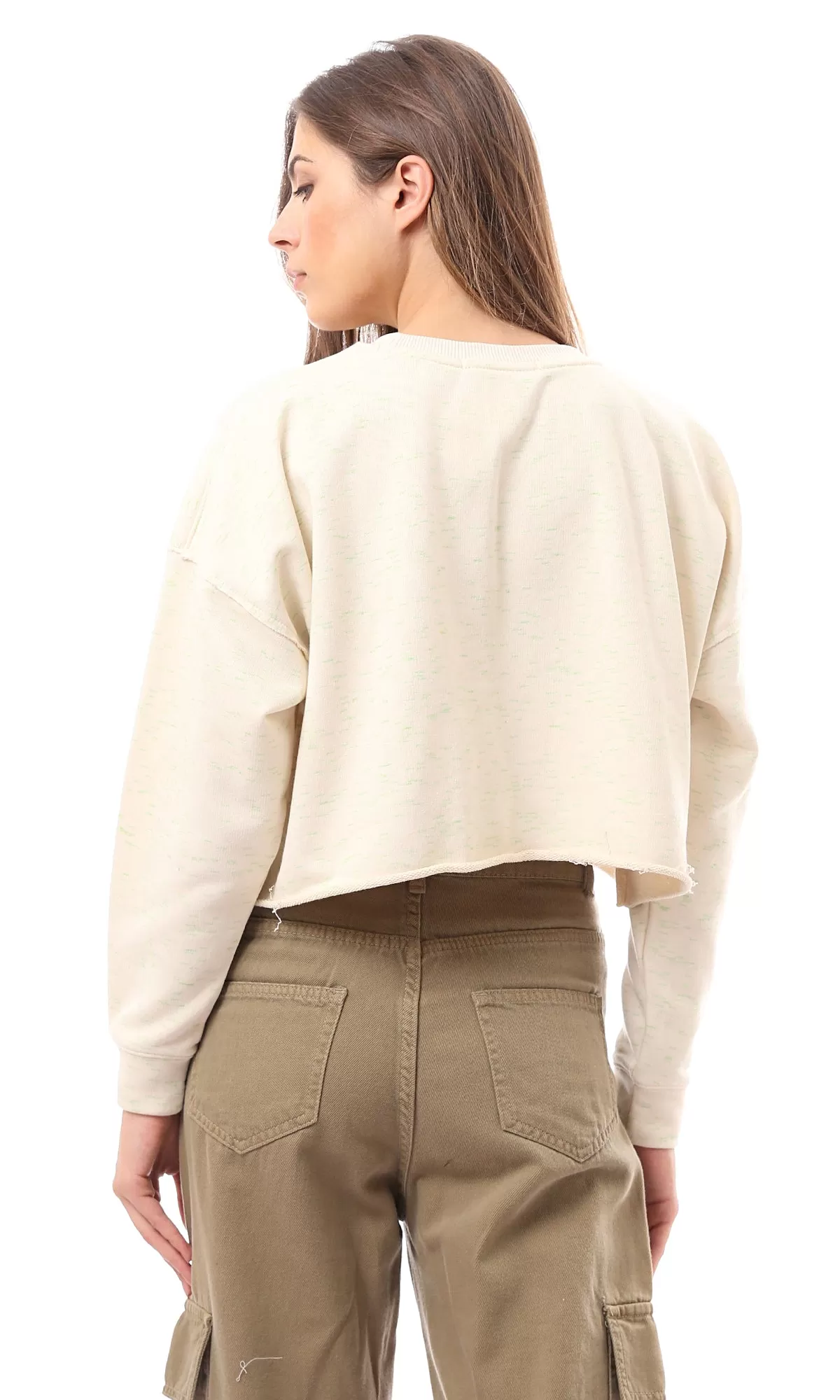 O174768 Heather Lime Beige Cotton Cropped Sweatshirt