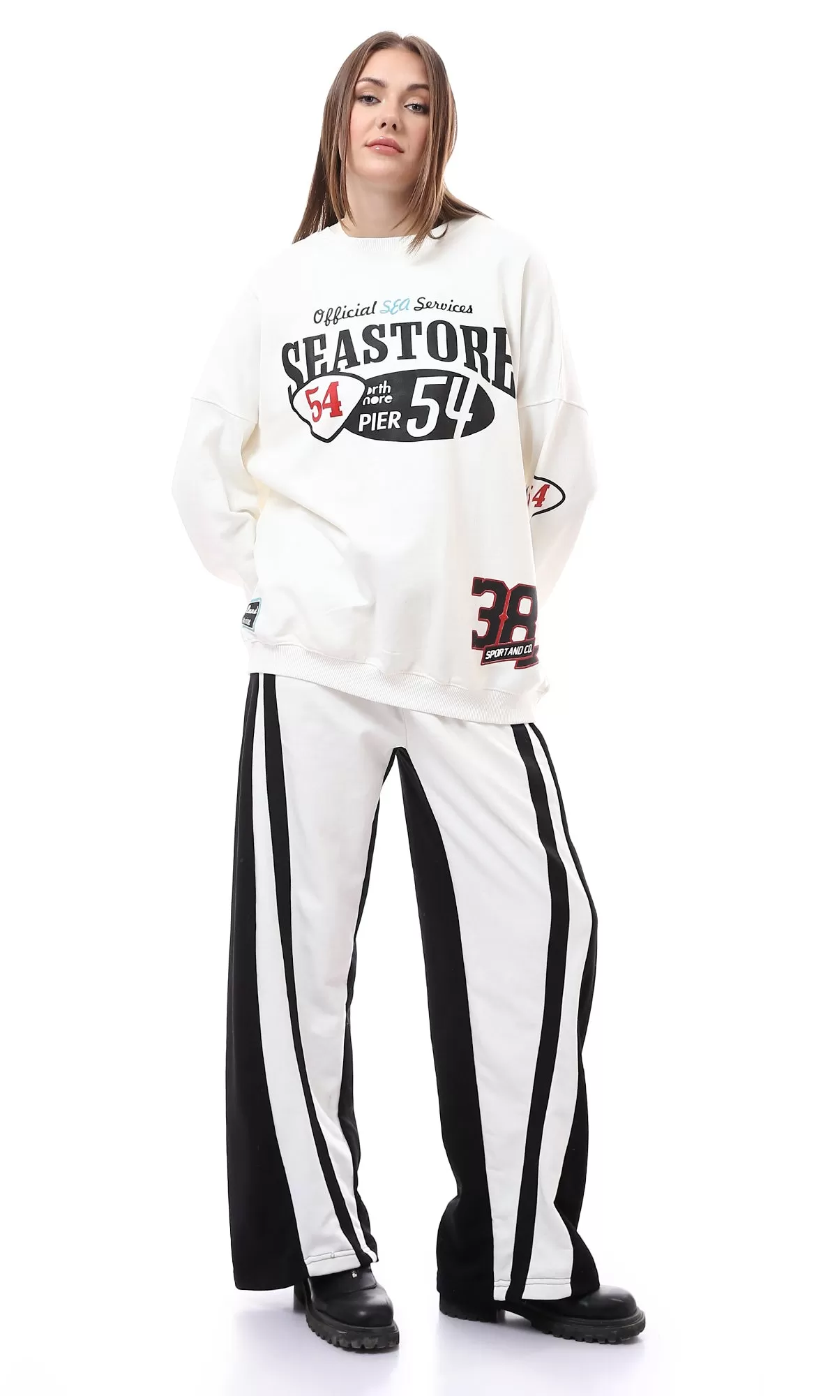 O175759 Elastic Waist With Drawstring White & Black Pants