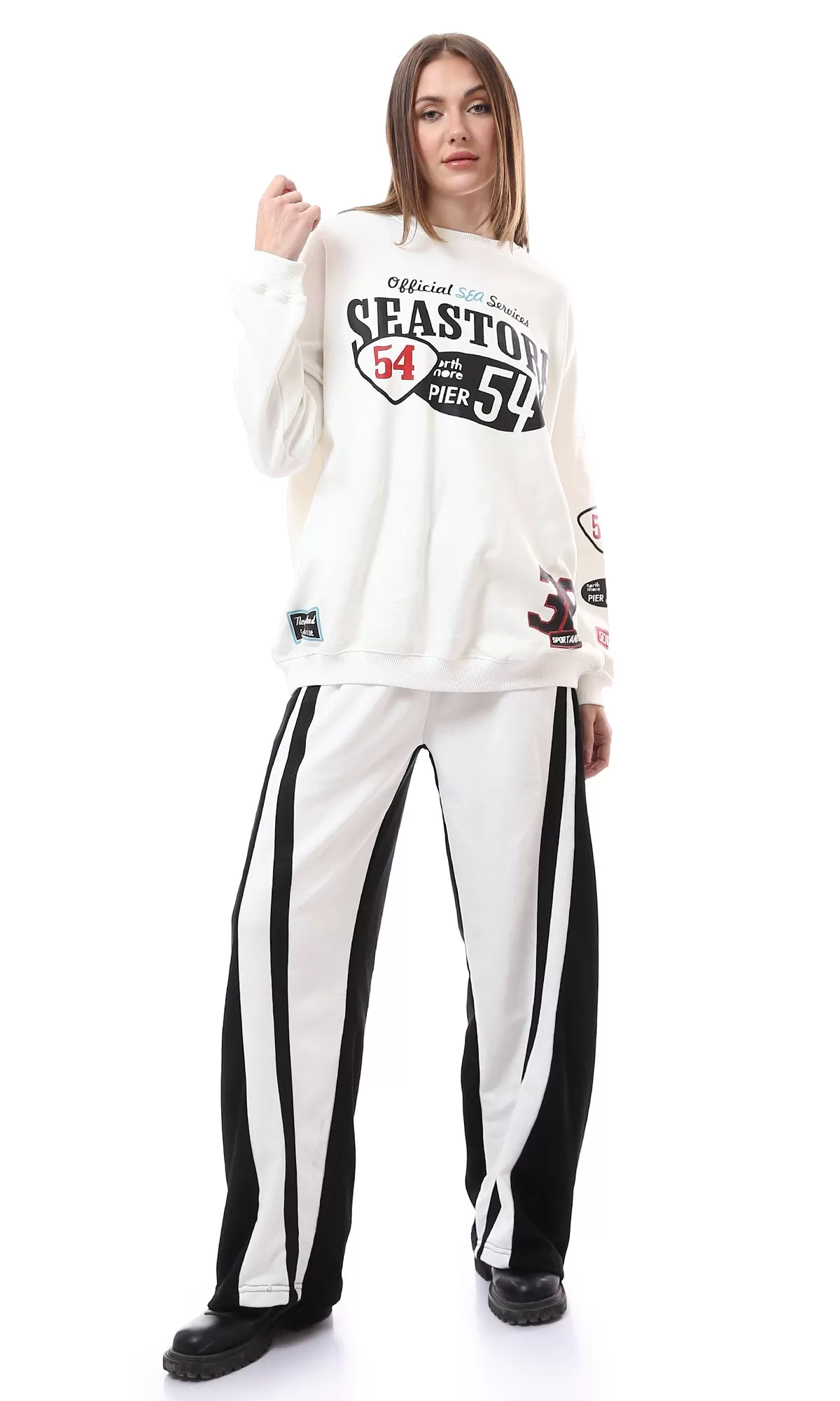 O175759 Elastic Waist With Drawstring White & Black Pants