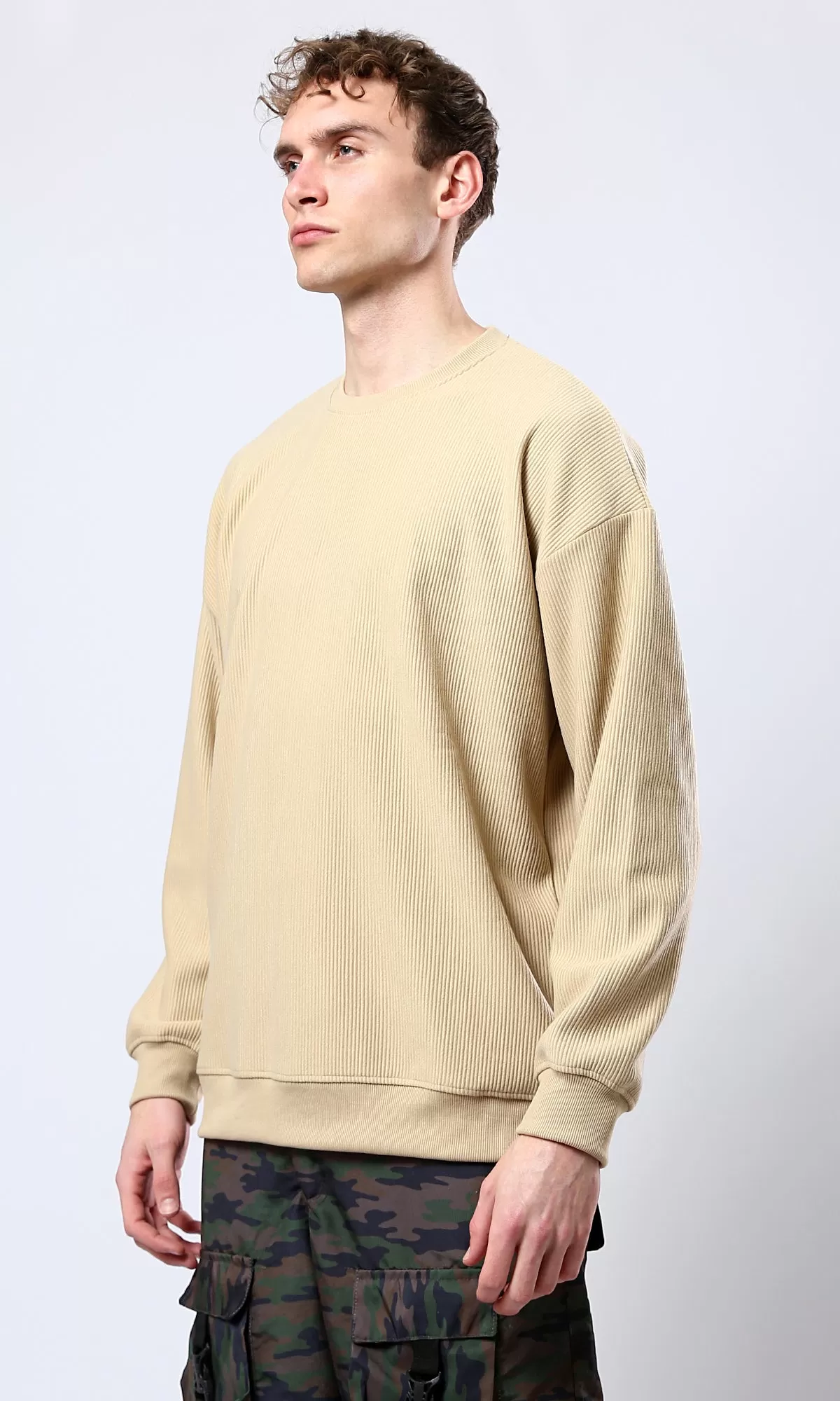 O180392 Sand Long Sleeves Ribbed Sweatshirt With Round Neck