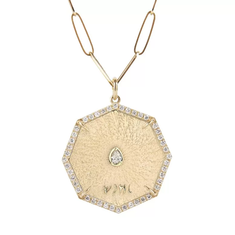 Octagon Seek Pendant with Center Pear and Pave Diamond Border