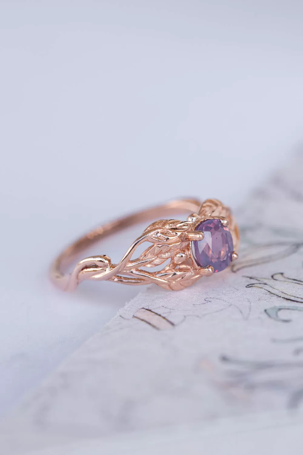 Opalescent sapphire engagement ring, rose gold twig proposal ring with sapphire / Tilia