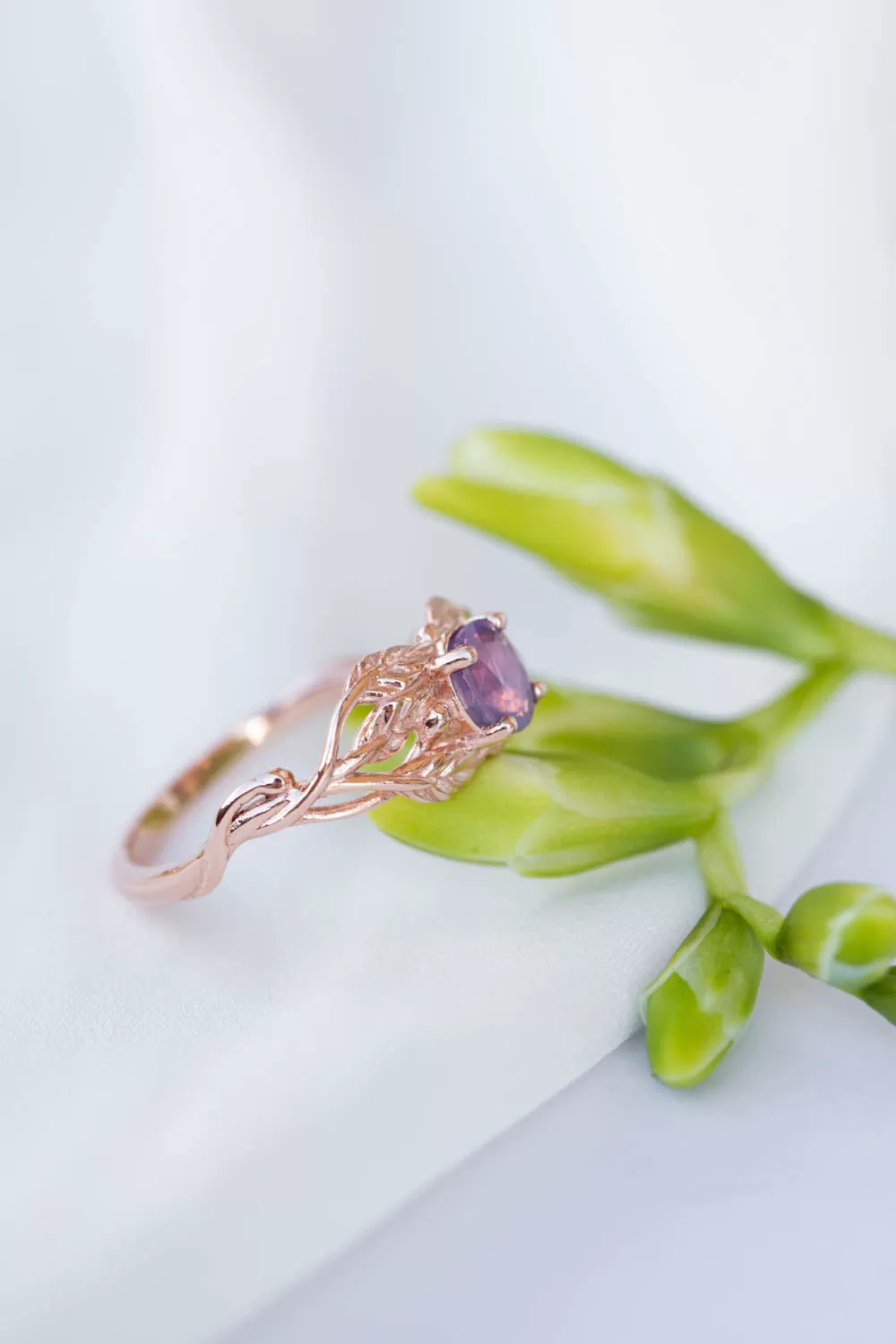 Opalescent sapphire engagement ring, rose gold twig proposal ring with sapphire / Tilia