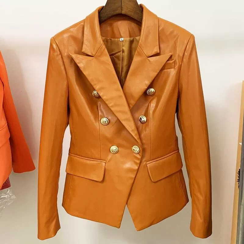 Orange Leather Blazer Women - Formal-Business - Plain-Solid