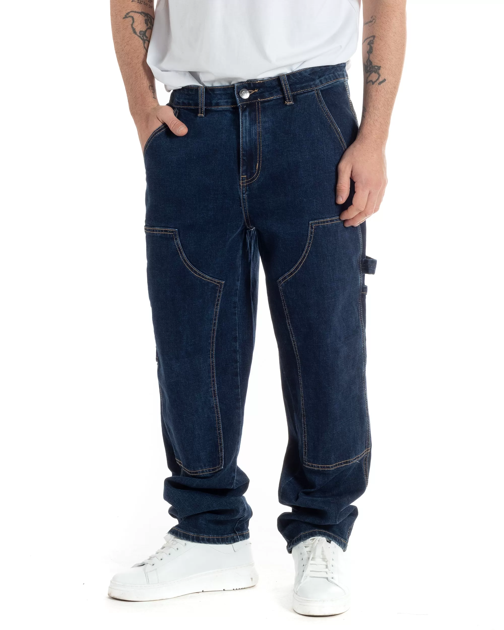 Pantaloni Jeans Uomo Baggy Fit Carpenter Worker Cargo Denim Scuro GIOSAL-JS1000A