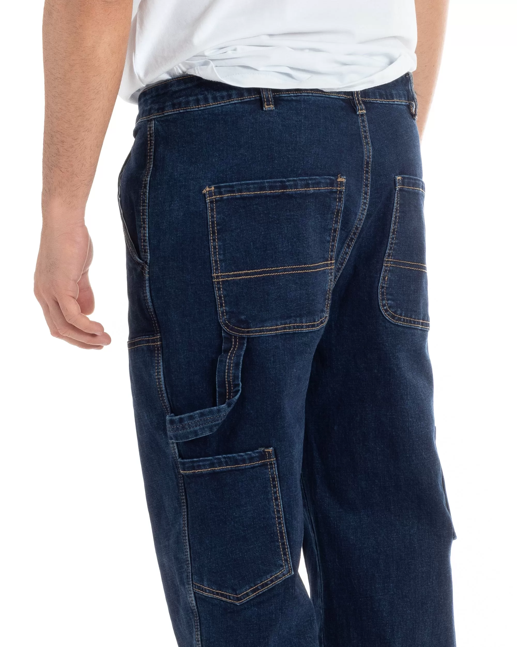 Pantaloni Jeans Uomo Baggy Fit Carpenter Worker Cargo Denim Scuro GIOSAL-JS1000A