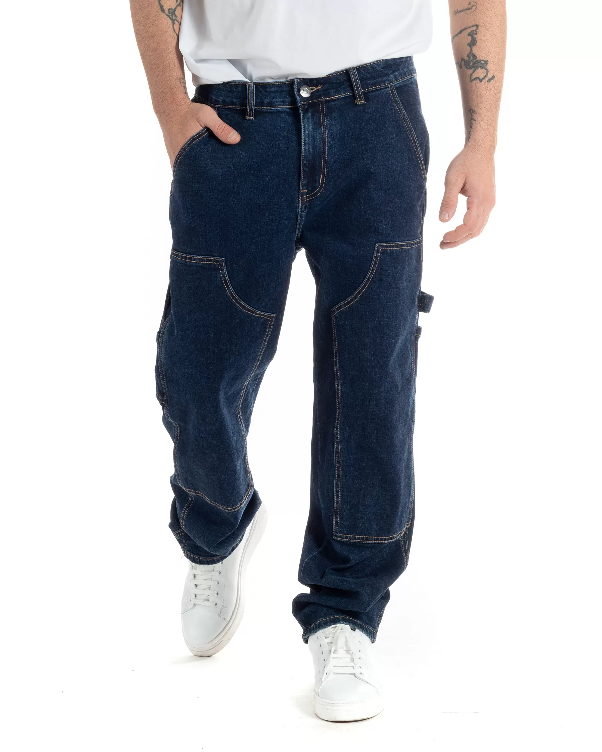 Pantaloni Jeans Uomo Baggy Fit Carpenter Worker Cargo Denim Scuro GIOSAL-JS1000A