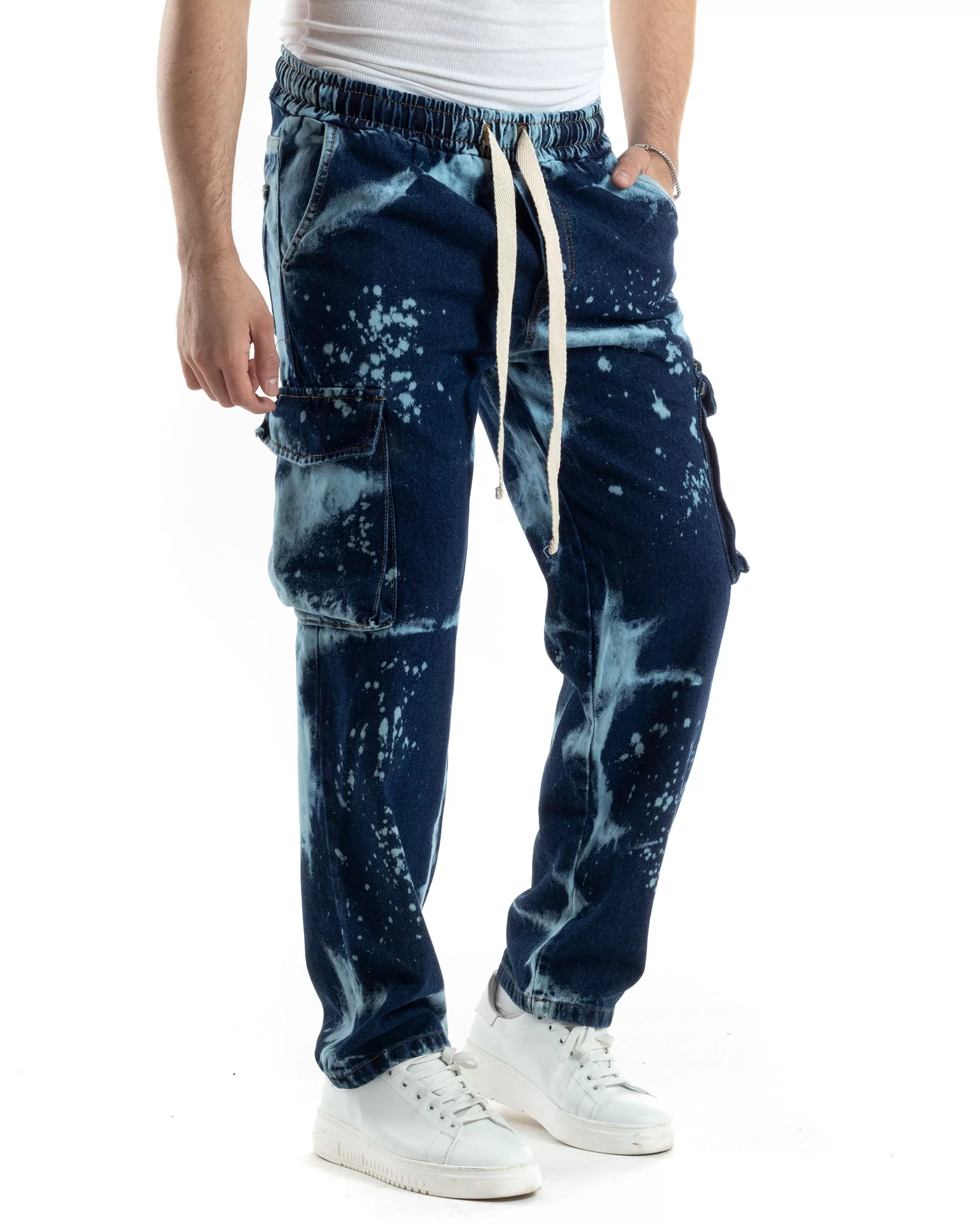 Pantaloni Uomo Cargo Tasconi Jeans Baggy Pantalaccio Denim Scuro Tie-Dye Casual GIOSAL-JS1023A