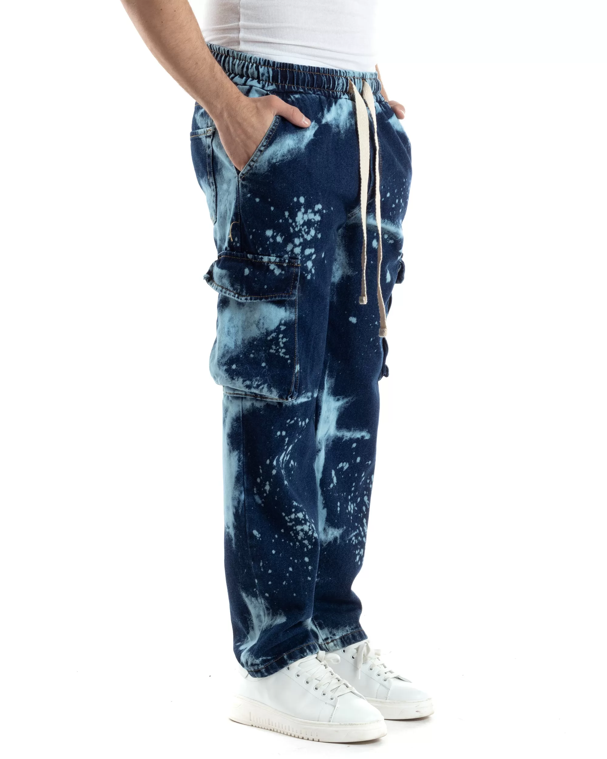 Pantaloni Uomo Cargo Tasconi Jeans Baggy Pantalaccio Denim Scuro Tie-Dye Casual GIOSAL-JS1023A