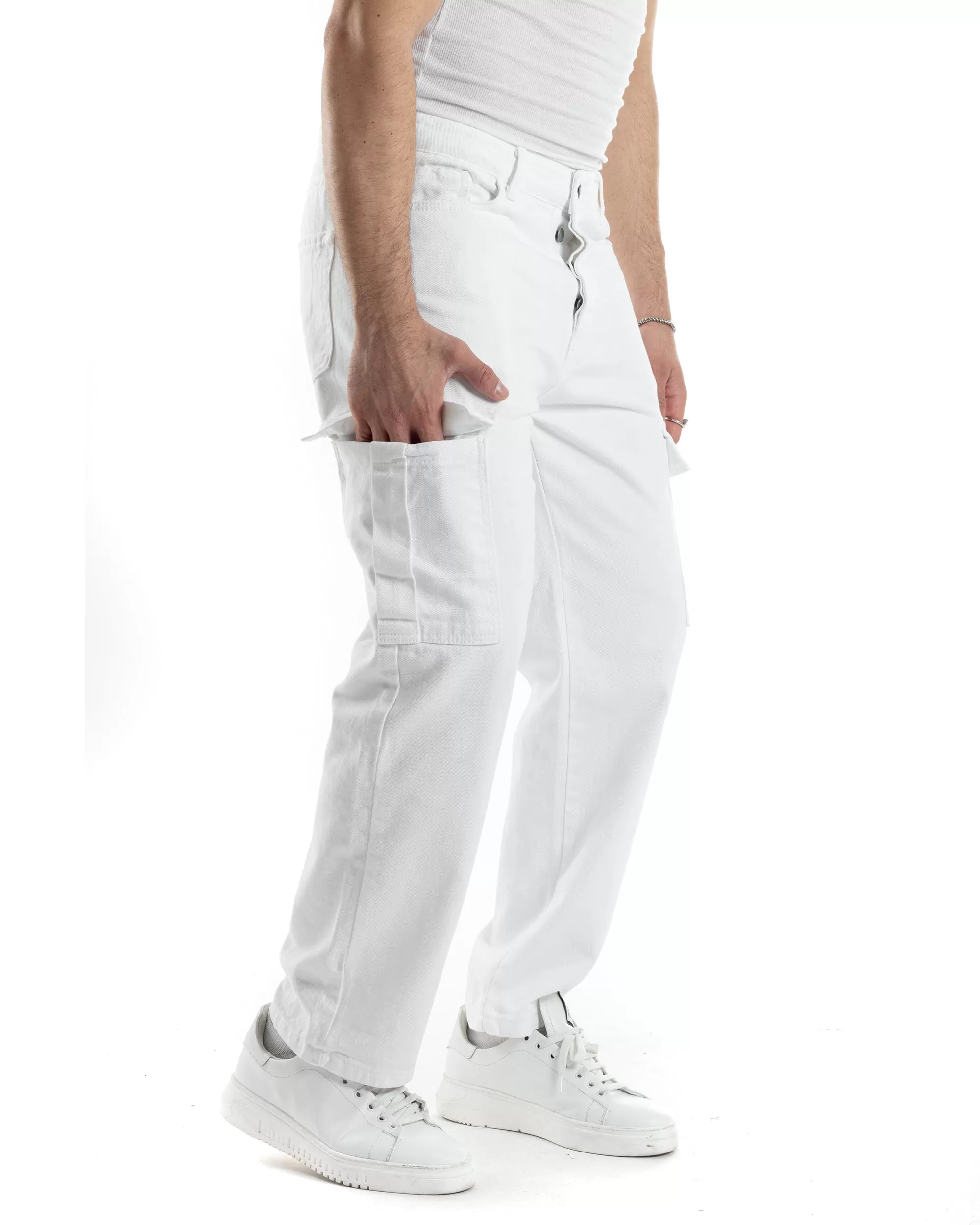 Pantaloni Uomo Cargo Tasconi Jeans Bianco Straight Fit Casual GIOSAL-JS1014A